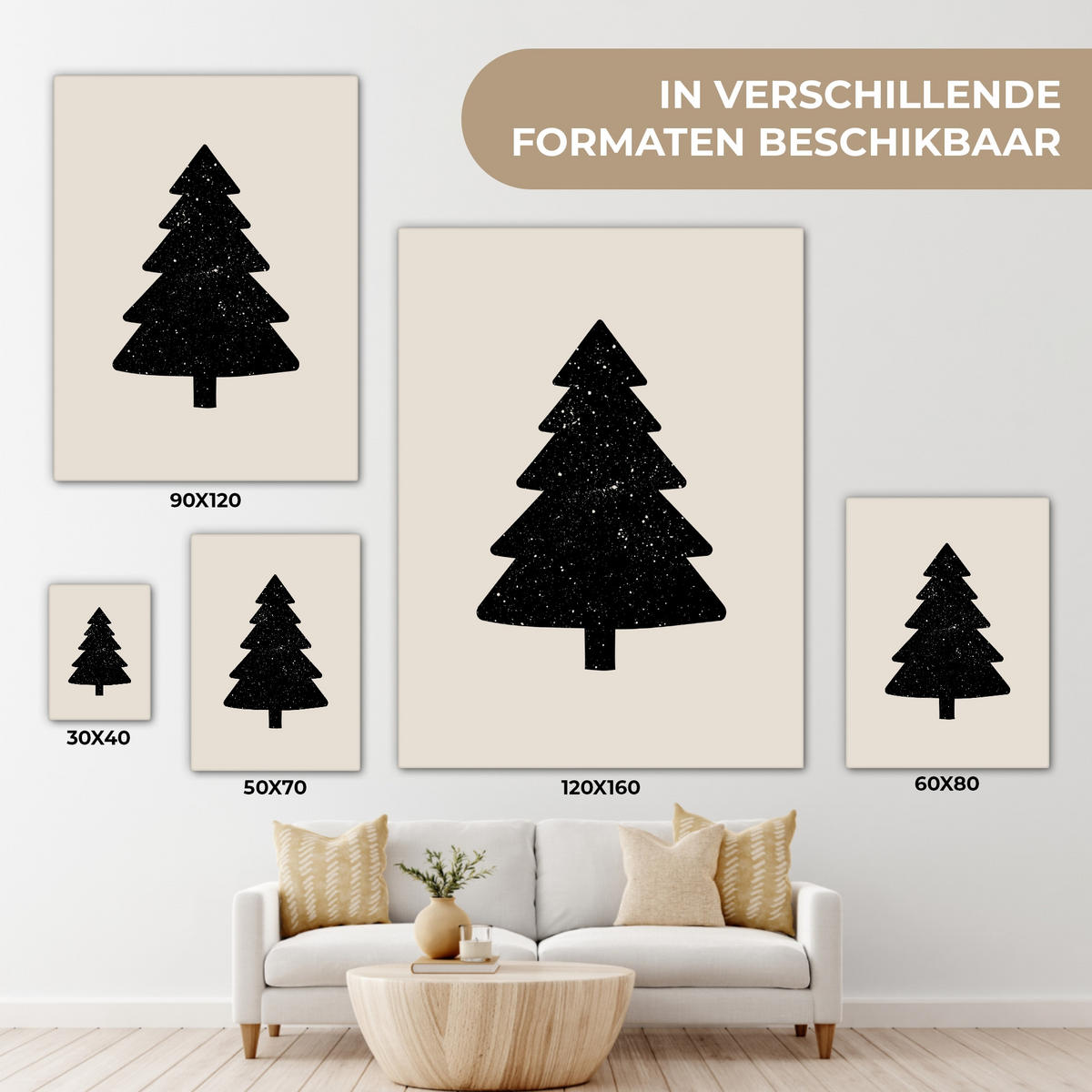 LEINWANDBILD Weihnachtsbaum - Schwarz - Urlaub - Beige 60x80 cm - Schwarz, Textil (60/80cm) - MuchoWow