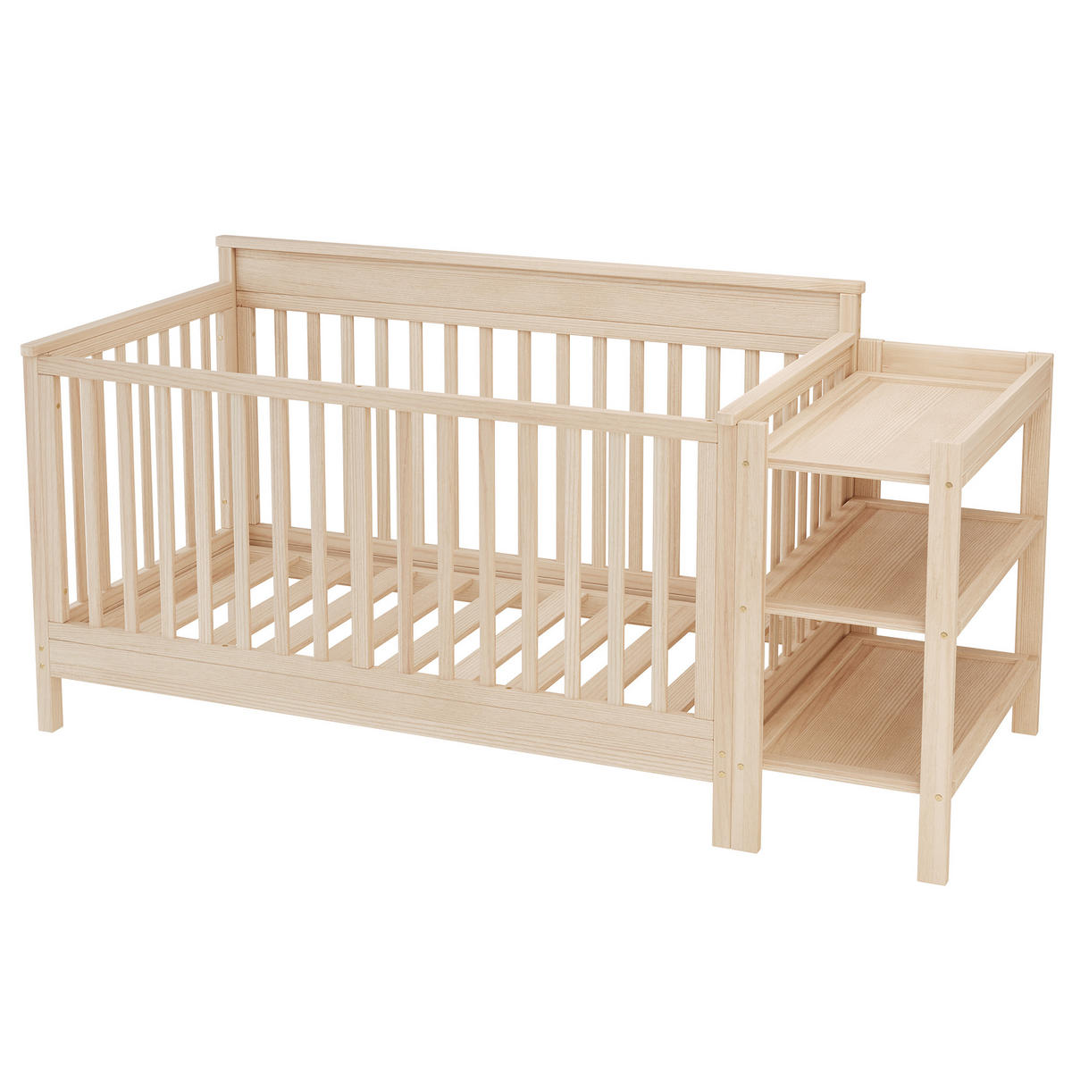 KINDERBETT 70/140 cm in Natur mit Wickeltisch, Regal und höhenverstellbarer Liegefläche Massivholz Design - Naturfarben, Holzwerkstoff (70/140cm) - STILVORA