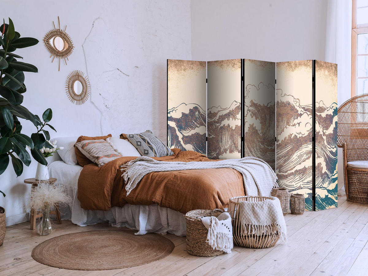PARAVÁN Jednostranný 5-dielny 225x172 cm Oceánske Vlny Retro - béžová, drevo/textil (225/172/3cm) - Muralo