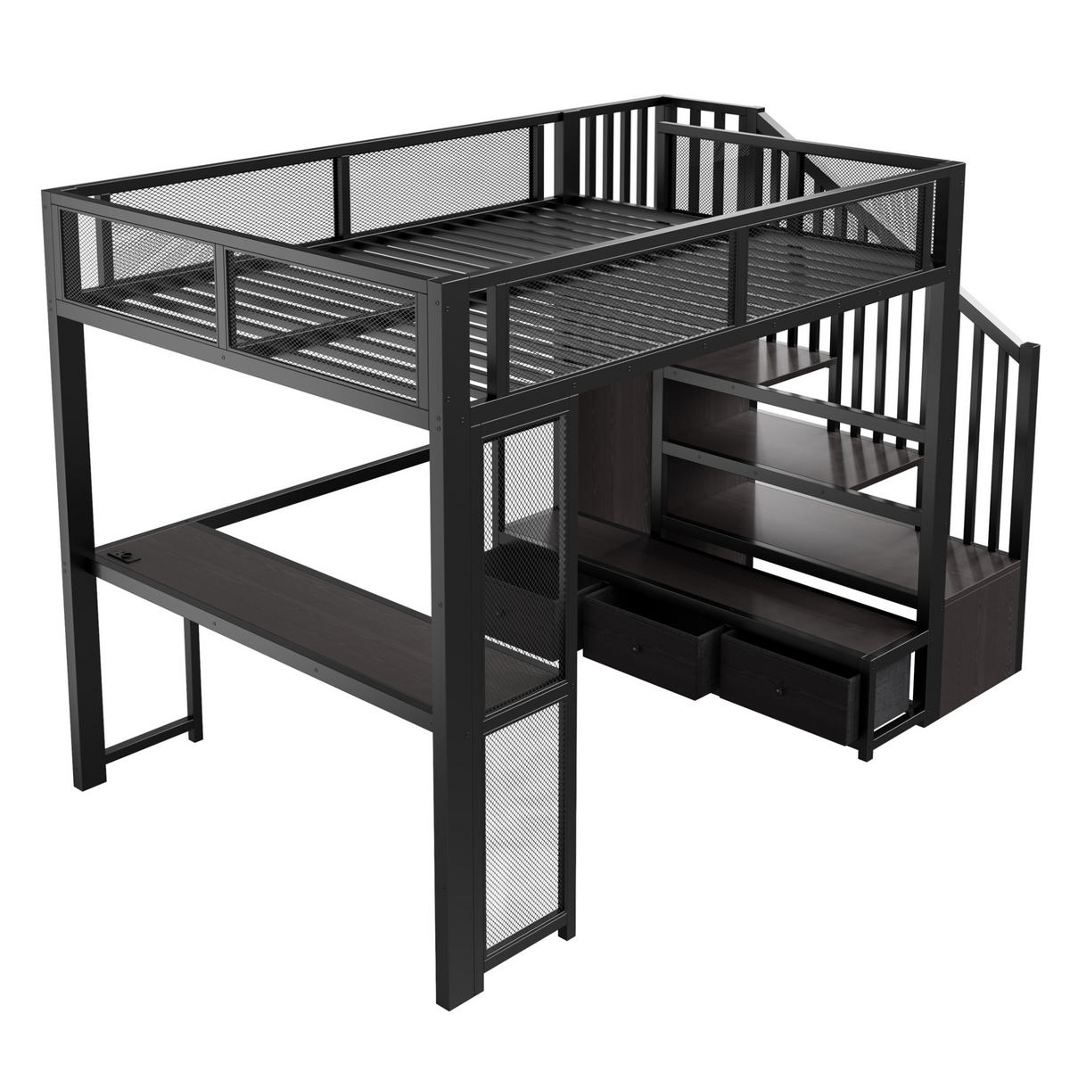 HOCHBETT aus Metall und MDF 140x200 cm Schwarz mit Schreibtisch, Stauraumtreppe, USB und LED - Schwarz, Holzwerkstoff (140/200cm) - IVMEU