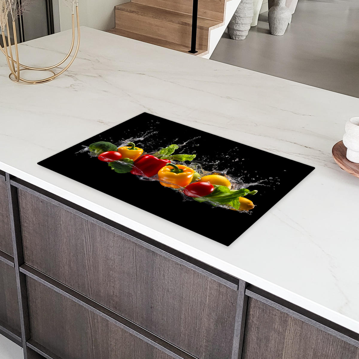 HERDABDECKPLATTE Paprika - Wasser - Gemüse - Schwarz 80x52 cm - Multicolor, Kunststoff (80.2/0.2/52.2cm) - MuchoWow
