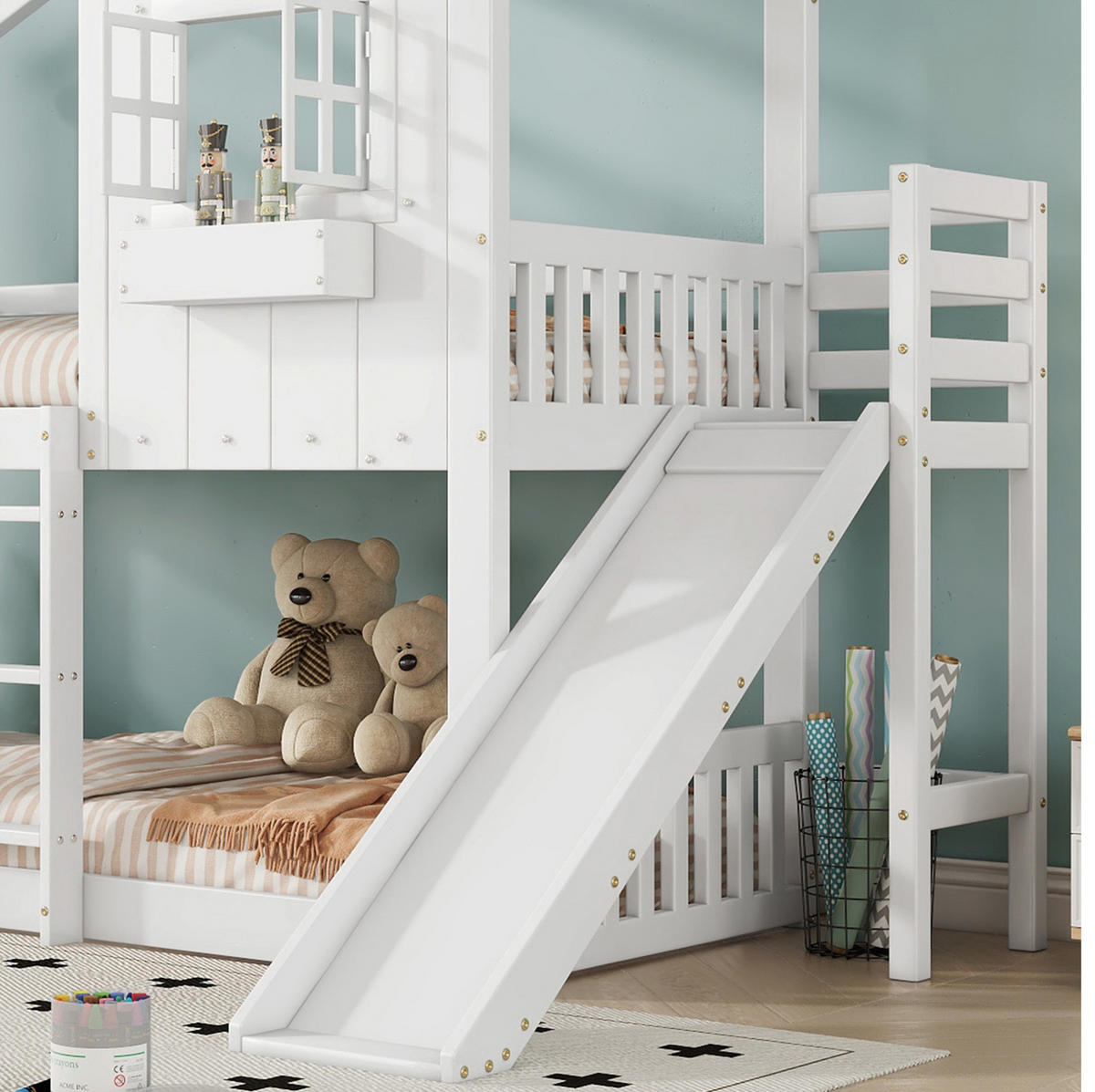 ETAGENBETT 90/200 cm mit Rutsche, Dach, Fenstern und Fallschutz, Kiefer/MDF, Weiß/Natur - Weiß, Holz (90/200cm) - Redom