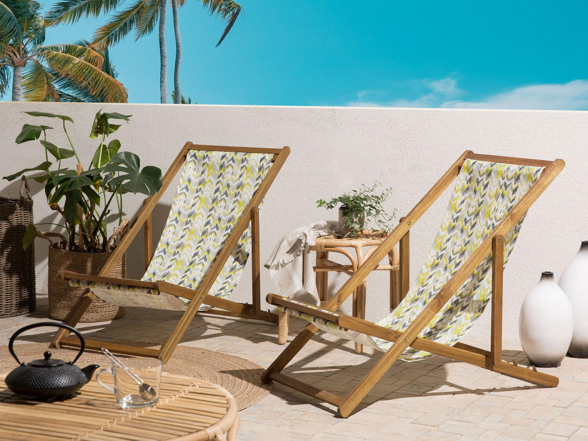 GARTENLIEGE 2er-Set hellbraun Textil weiß/gelb ZickZack-Muster Anzio - Hellbraun/Goldfarben, Textil (54/70/97cm) - Beliani