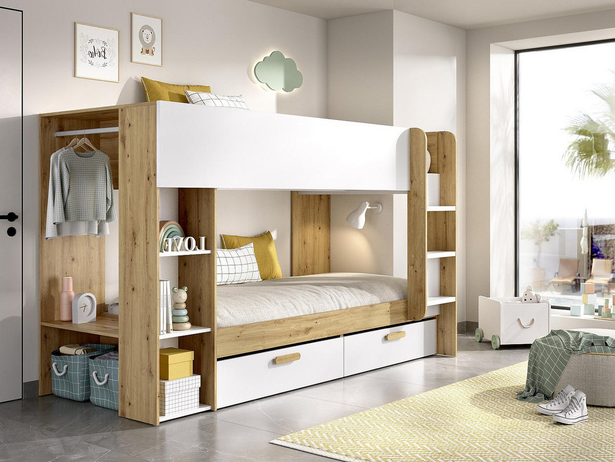 ETAGENBETT 2 x 90 x 200 cm mit Stauraum und Kleiderschrank - Weiß und natürlich + Matratze - OSANA - Naturfarben, Holz - Vente-Unique