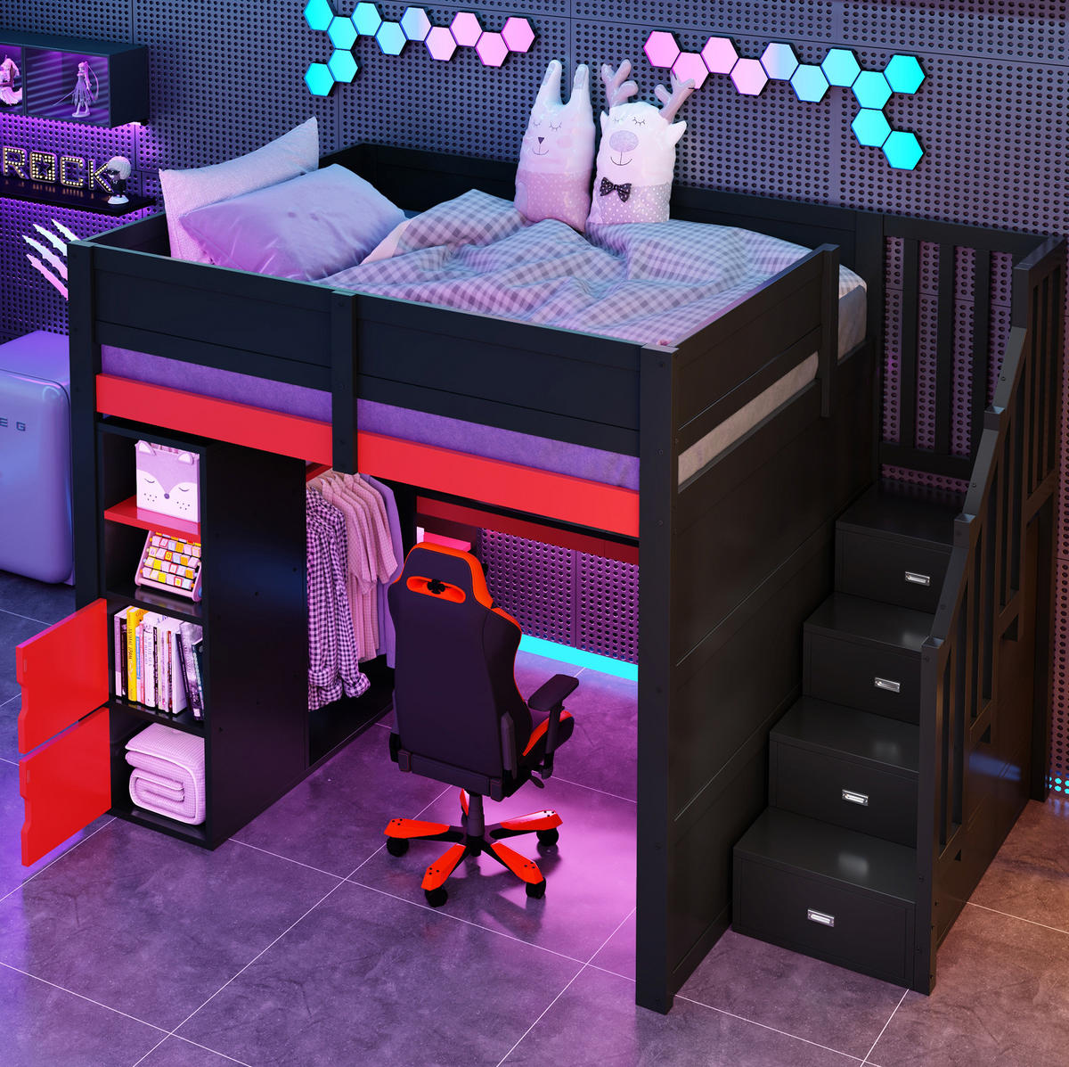 HOCHBETT mit Schreibtisch 140/200 cm in Schwarz/Rot – mit Stauraum und LED - Schwarz, Holzwerkstoff (140/200cm) - BEAOK