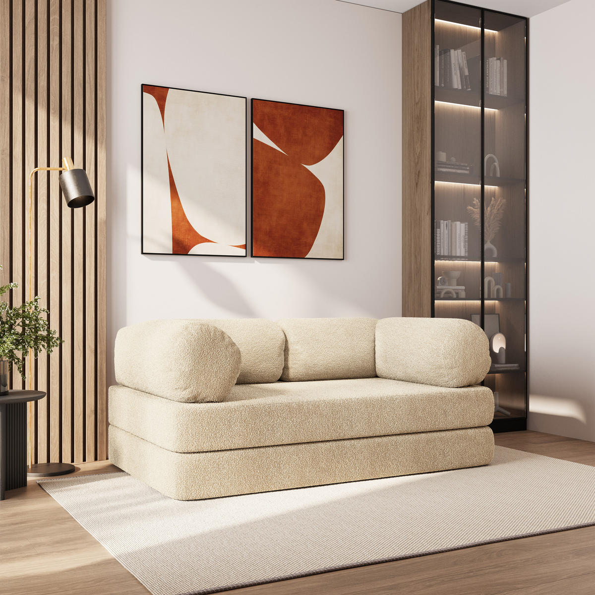 BETTSOFA EIREN aus Schaumstoff Bucle-Stoff Creme Schlaffunktion - Creme, Textil (170/68/80cm) - MASSENO