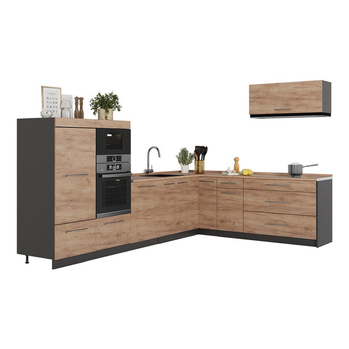 KUHINJA U OBLIKU SLOVA L Fame-Line, Hrast zlatnog tona/Antracit, 327 x 227 cm, RP Hrast - hrast medunac/antracit, drvni materijal (327/153.6/60cm) - Vicco
