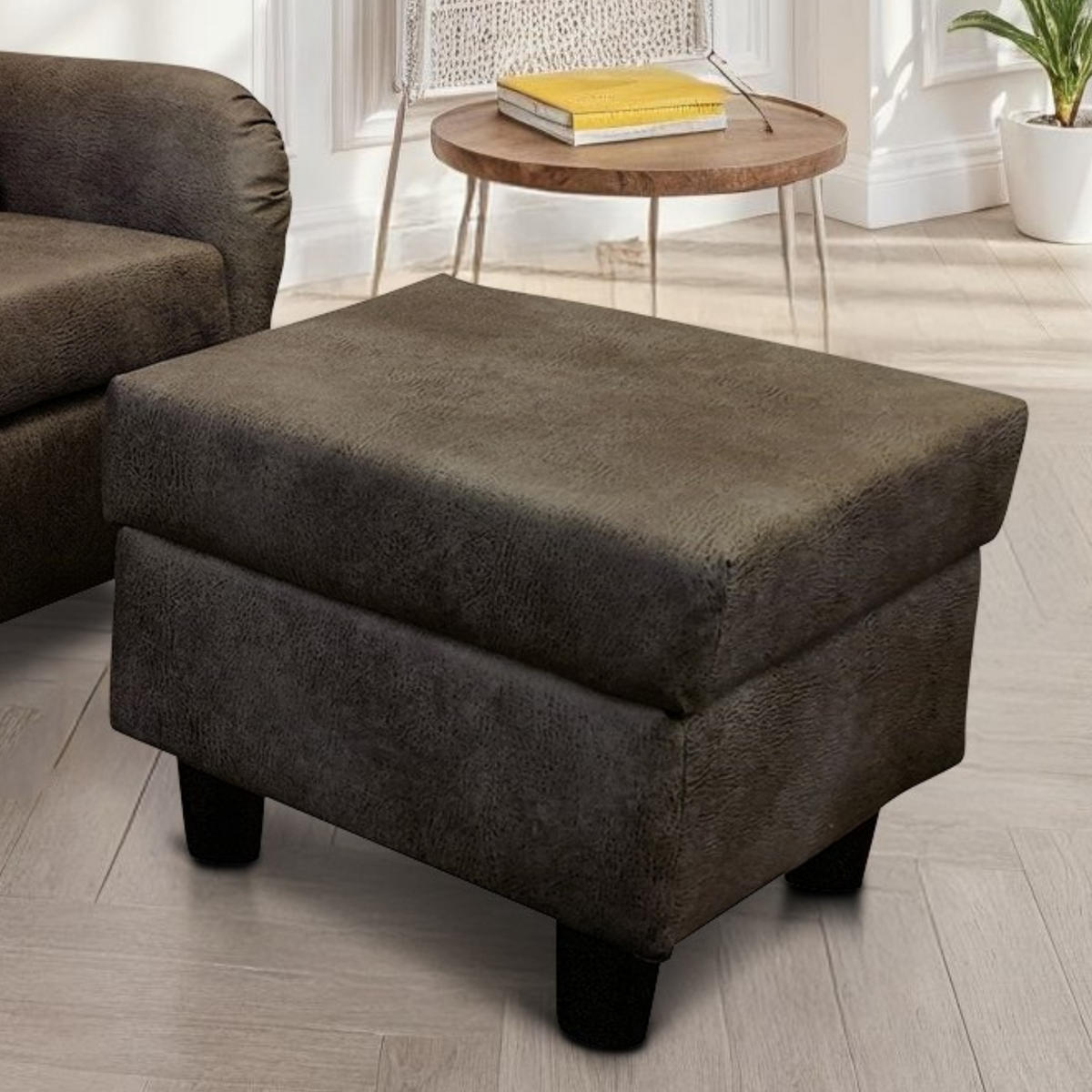 OHRENSESSEL mit HOCKER, hoher Sitzkomfort durch Wellenunterfederung B90/H98/T76 cm, Mikrofaser Leder-Optik Vintage Braun / 18005 - Schwarz/Braun, Holz/Textil (90/98/76cm) - luma-home