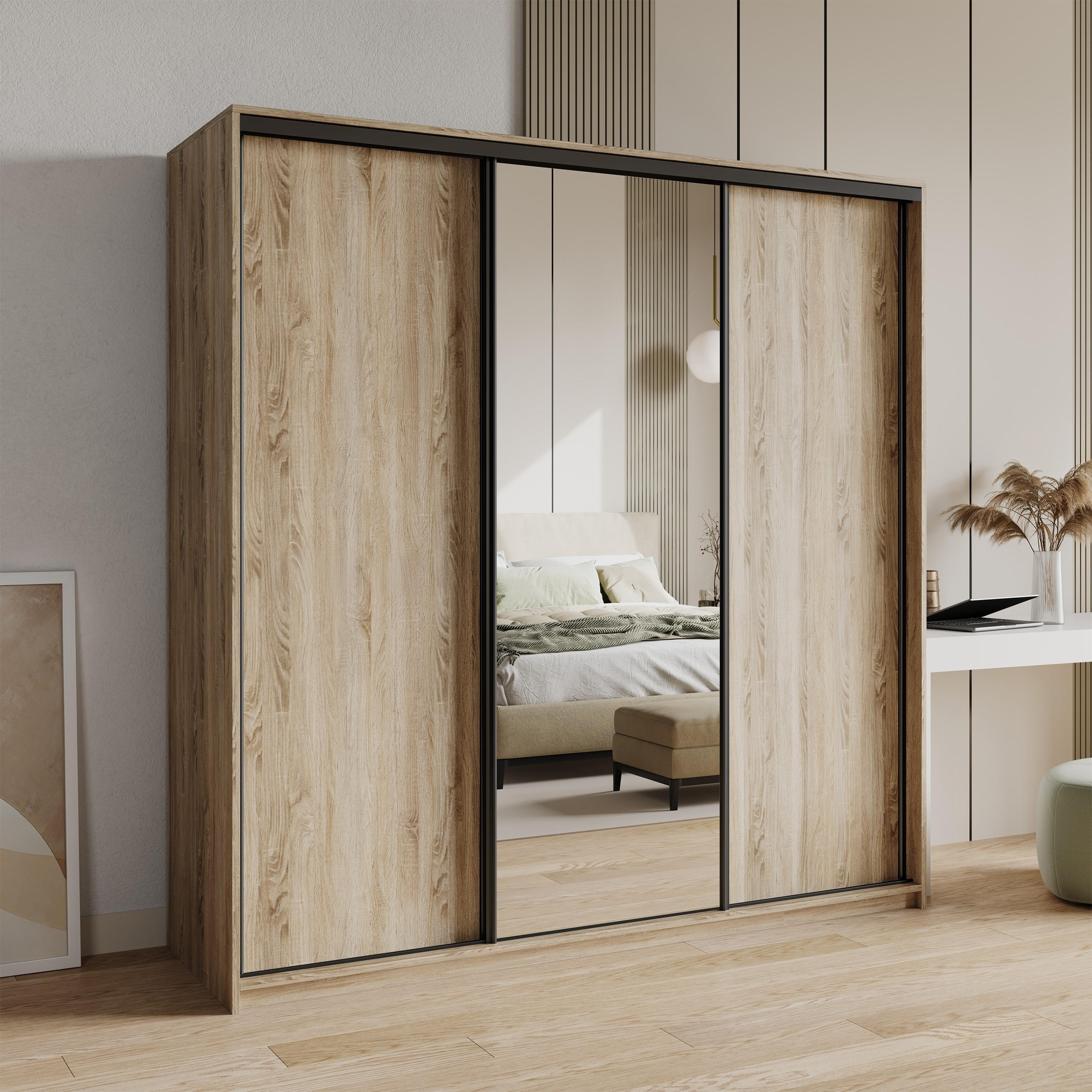 SCHWEBETÜRENSCHRANK TAVI 180/205/60 cm 3-türig mit Spiegel und Schubladen Sonoma Eiche - Schwarz/Sonoma Eiche, Holzwerkstoff (180/205/60cm) - MASSENO
