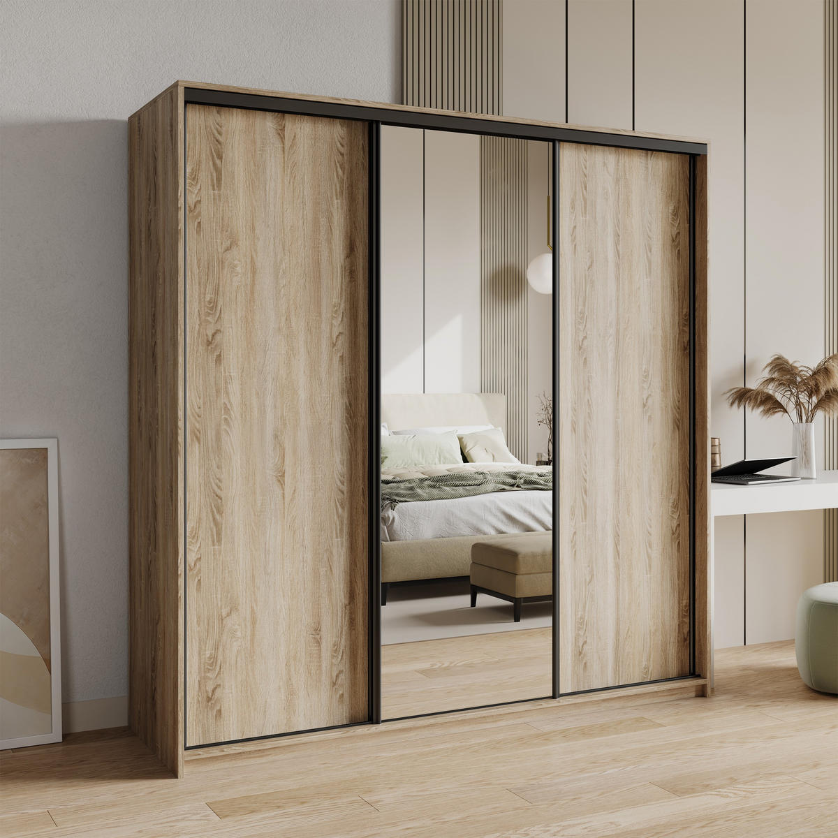 SCHWEBETÜRENSCHRANK TAVI 180/205/60 cm 3-türig mit Spiegel und Schubladen Sonoma Eiche - Schwarz/Sonoma Eiche, Holzwerkstoff (180/205/60cm) - MASSENO