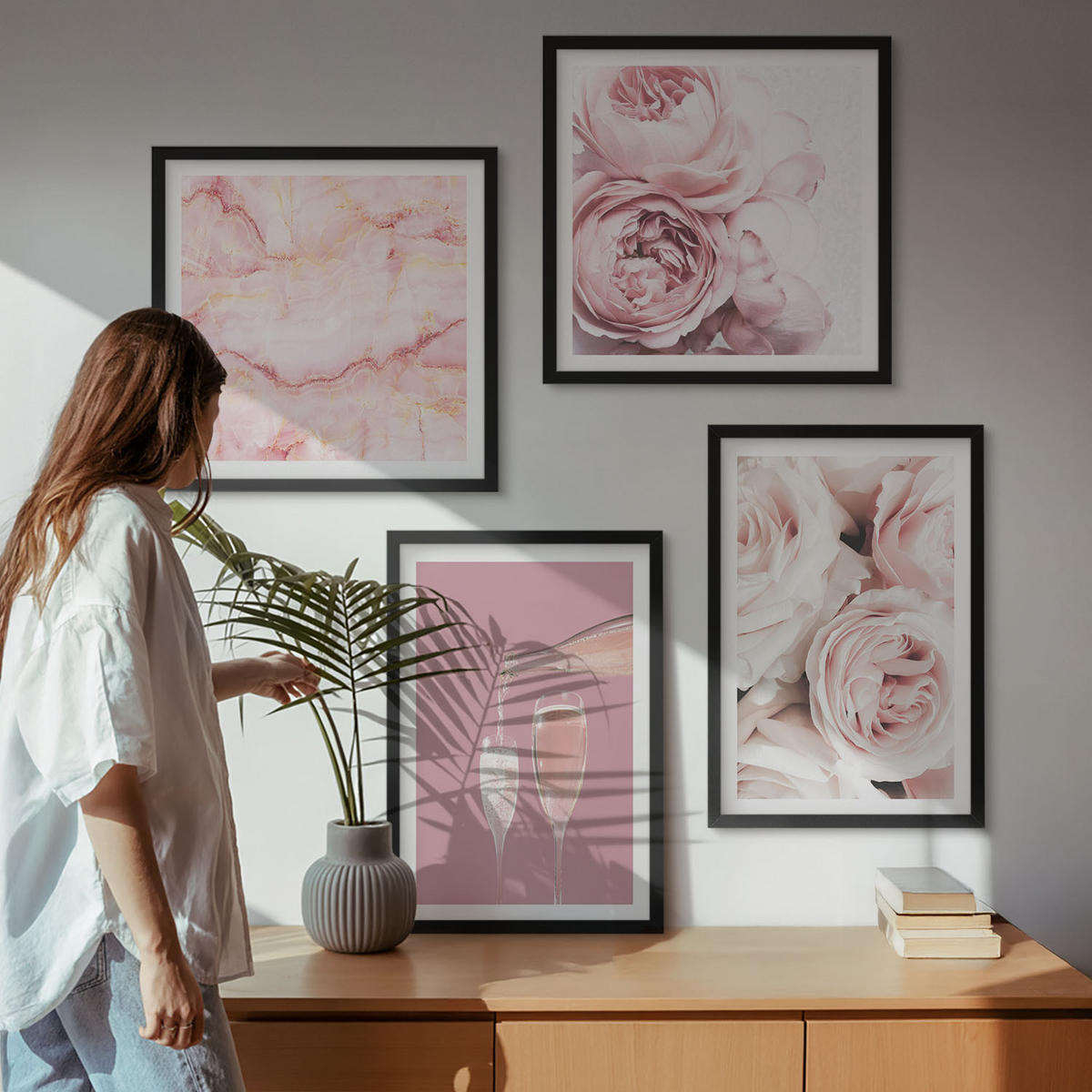 WANDBILDER 4er-Set - 50x50 cm & 40x60 cm Schwarzer Rahmen - Rosen, Champagner, Marmor, Pastell - Schwarz, Kunststoff (50/50cm) - ArtPrintCave