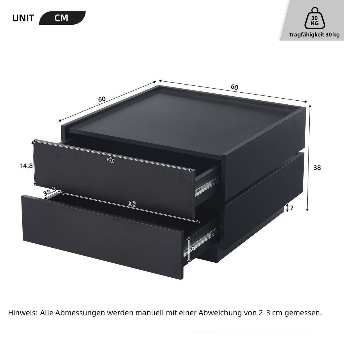 COUCHTISCH 60/60/38 cm schwarz mit 360° drehbarer Tischplatte und 2 Ablagen - Schwarz, Holzwerkstoff (60/60/38cm) - OKWISH