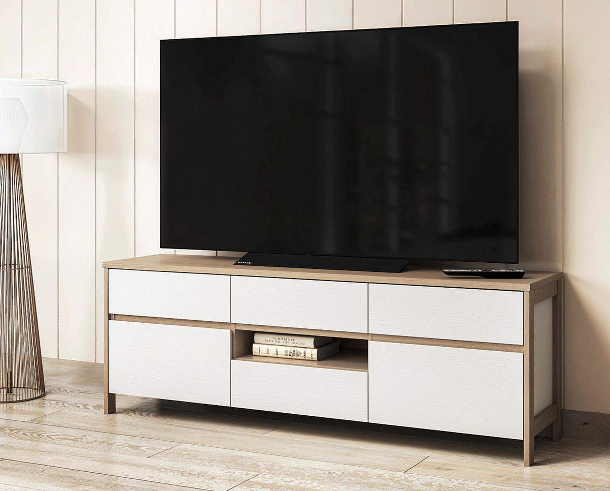 TV-LOWBOARD weiß, Eiche, TV Unterteil skandinavisch 164 cm, Soft-Close, Finnes - Eichefarben/Weiß, Holzwerkstoff/Metall (164/58/39cm) - Furn.Design