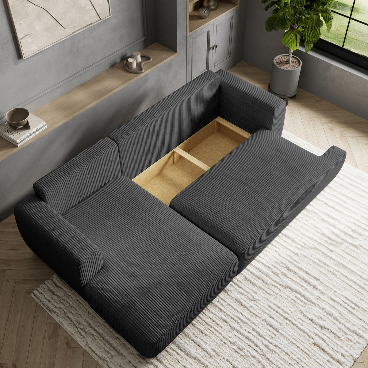 ECKSOFA SENTI P L-S Graphitfarben Kordstoff mit Schlaffunktion - Graphitfarben, Holz (246/148cm) - MASSENO