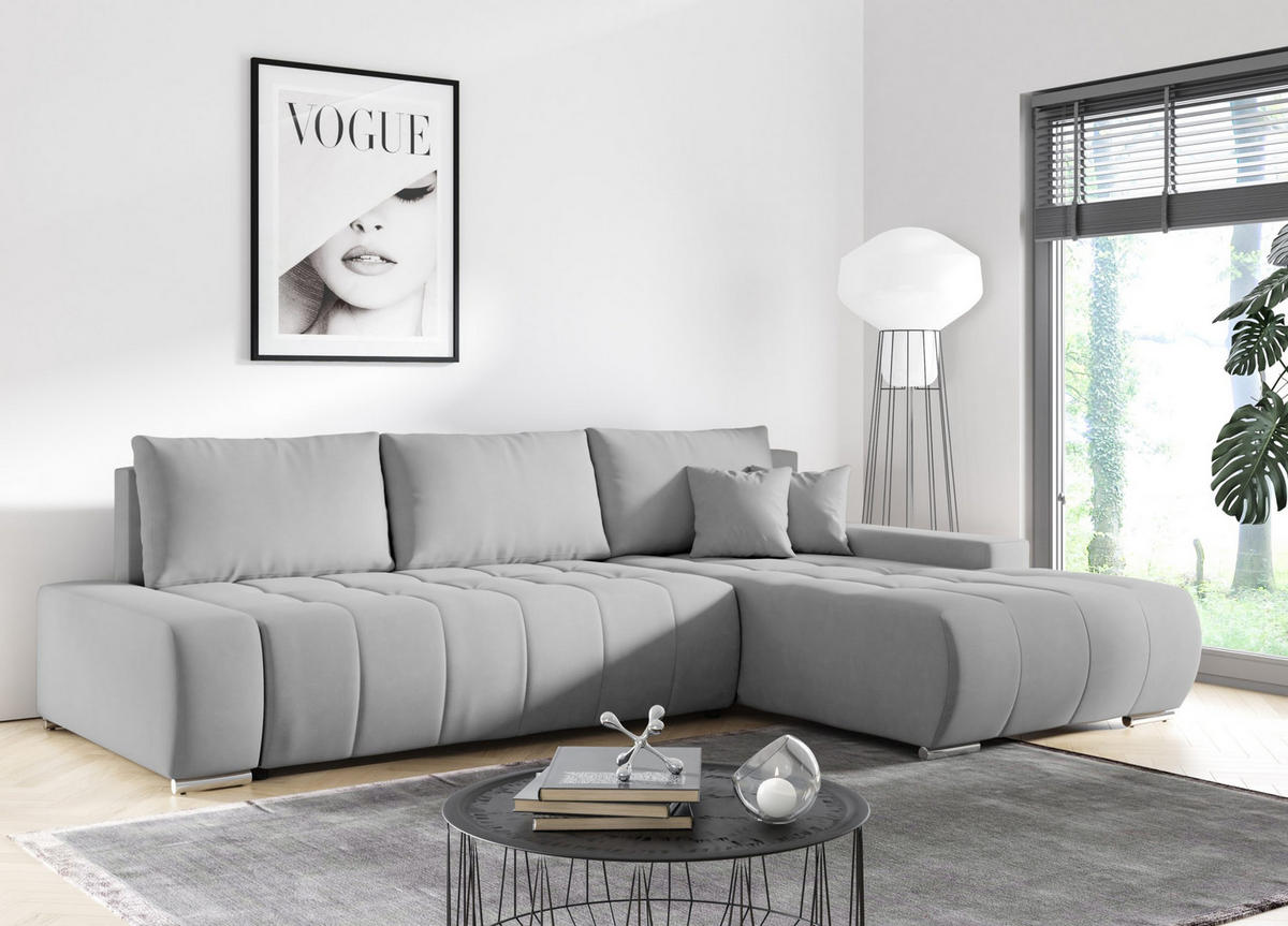 ECKSOFA mit Schlaffunktion Dhaka L, Hellgrau - Hellgrau, Textil (185/265cm) - Fedve