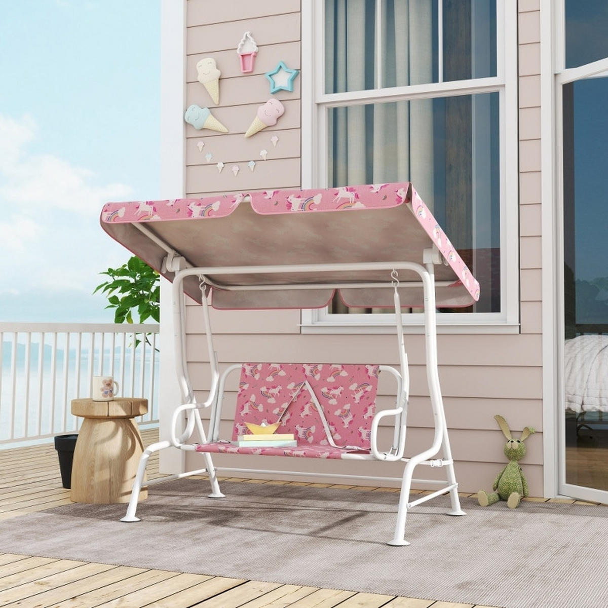 HOLLYWOODSCHAUKEL aus Metall 75x112x120 cm in Rosa mit verstellbarem Sonnendach - Rosa, Metall (75/120/112cm) - Modfu