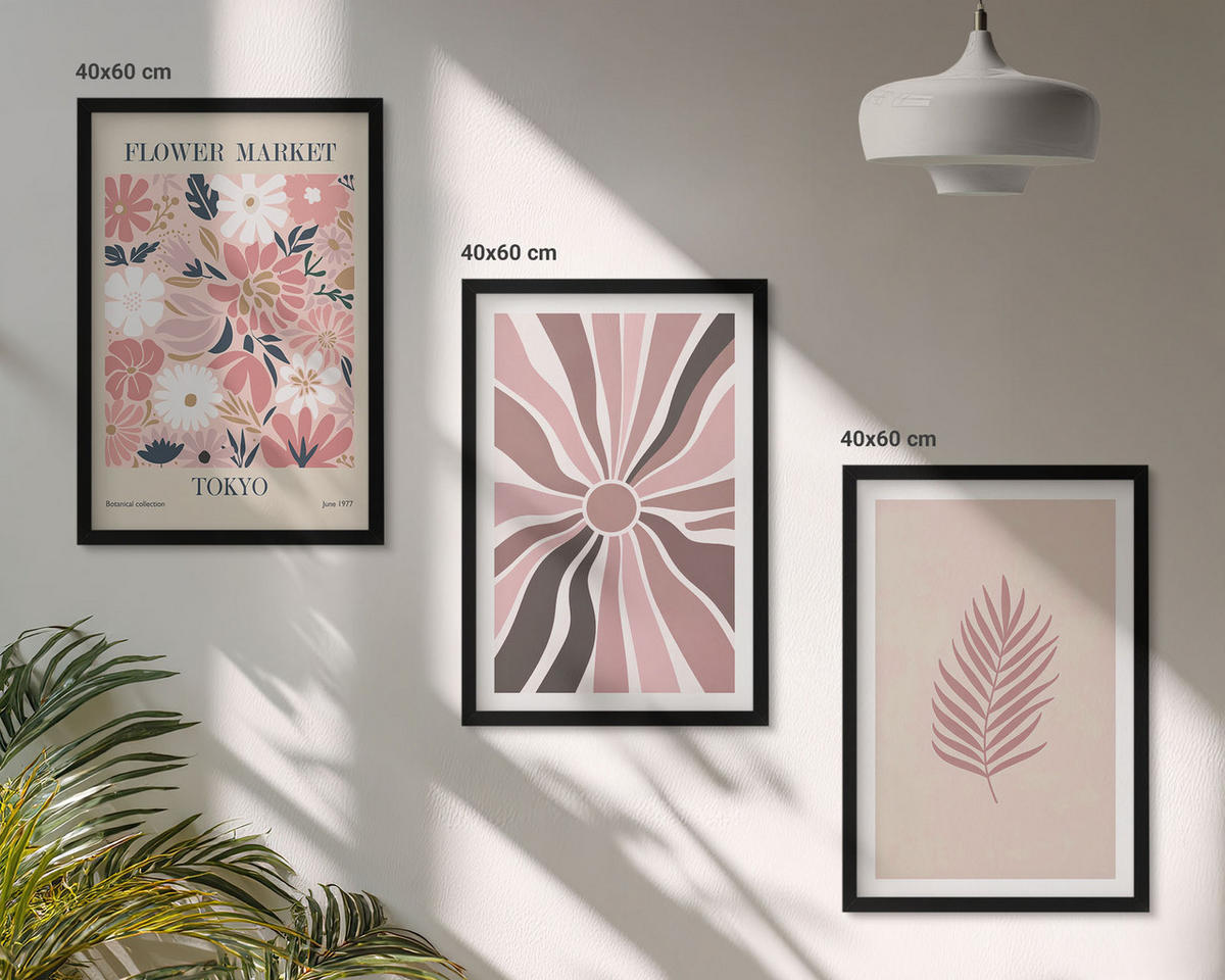 BILDER SET 3er Set - 40x60 cm Schwarzer Rahmen - Florale Blattmuster und Geometrie - Schwarz, Kunststoff (40/60cm) - TULUP
