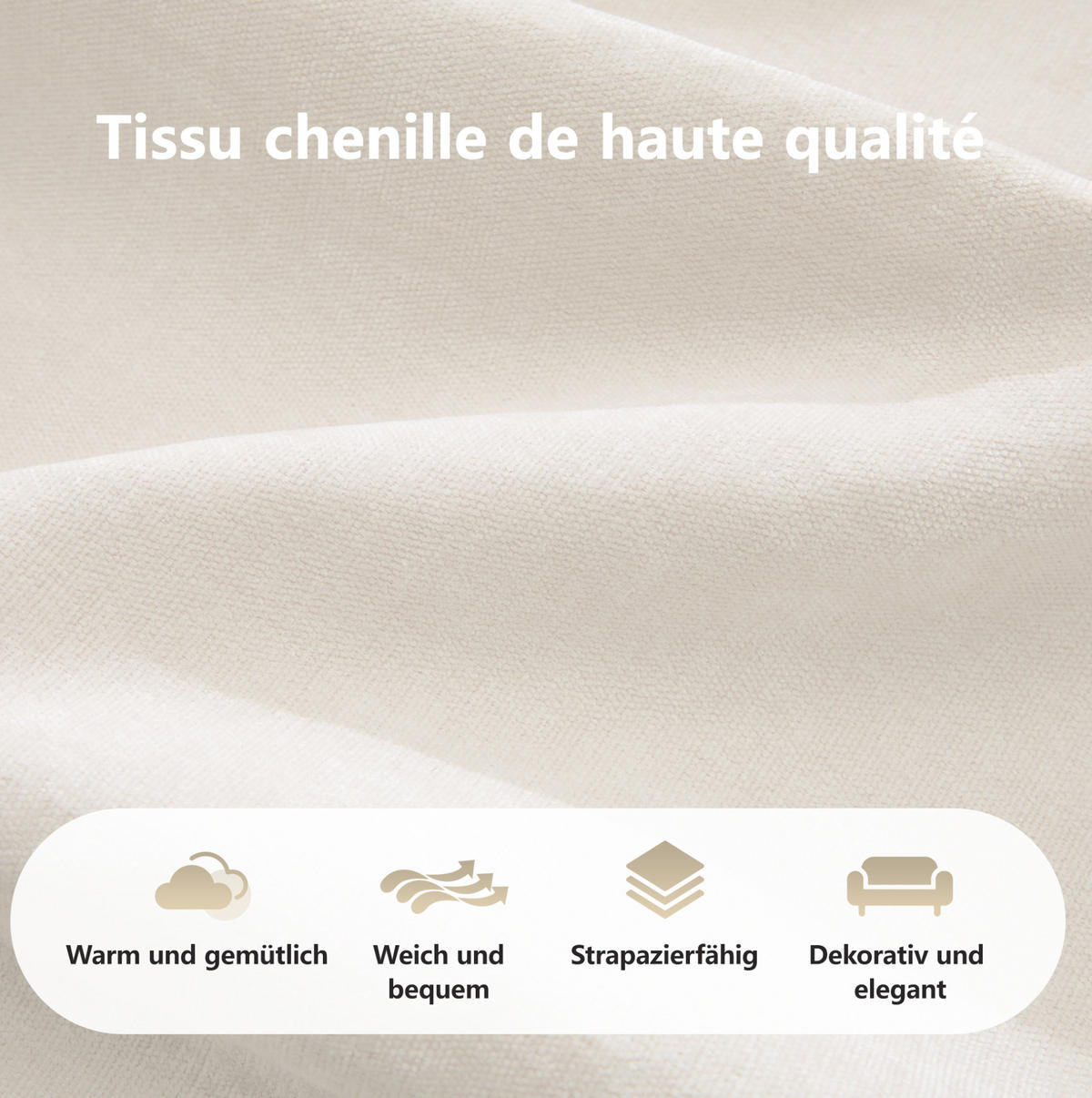 SOFA 204/171/76 cm in Hellbeige aus Chenille, rahmenlos und komfortabel - Beige, Textil (171/76/204cm) - Flora Grace