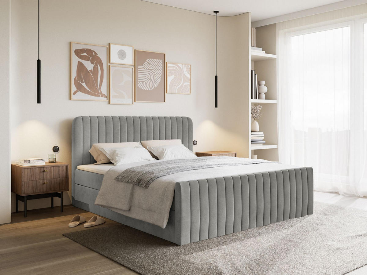 BOXBETT Saliano mit Topper und Samtbezug Grau, 180x200 cm - Grau, Kunststoff/Textil (180/200cm) - Selsey