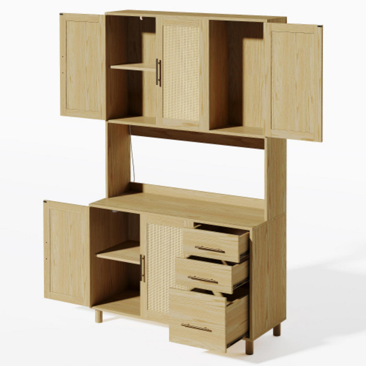 KÜCHENSCHRANK Naturoptik aus MDF mit Rattanfront, LED-Beleuchtung und integrierten Steckdosen 100×40×183 cm - Naturfarben, Holzwerkstoff (100/183/40cm) - Luhomfu