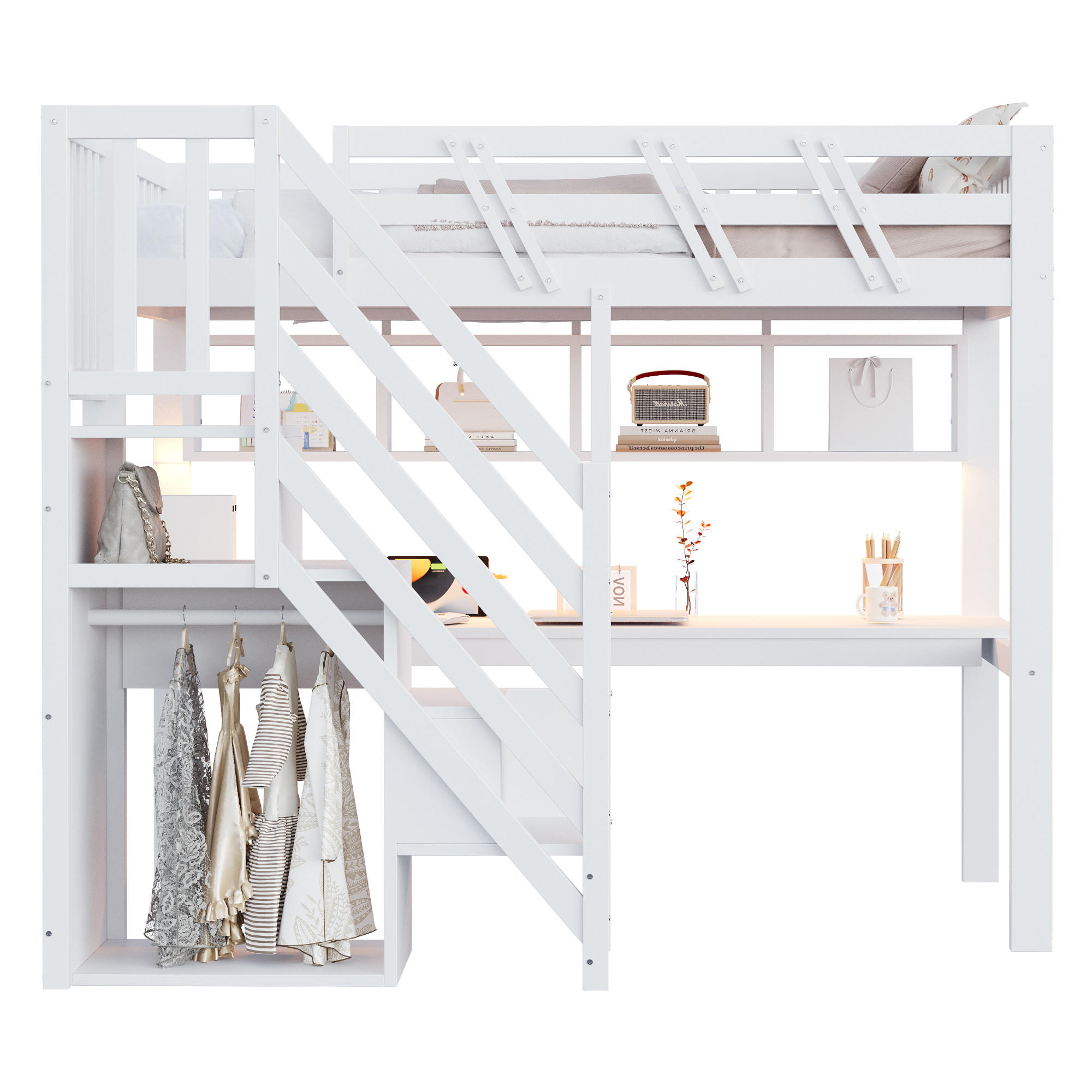 HOCHBETT 90x200 Weiß Massivholz Treppe LED - Weiß, Holz (90/200cm) - FLIEKS
