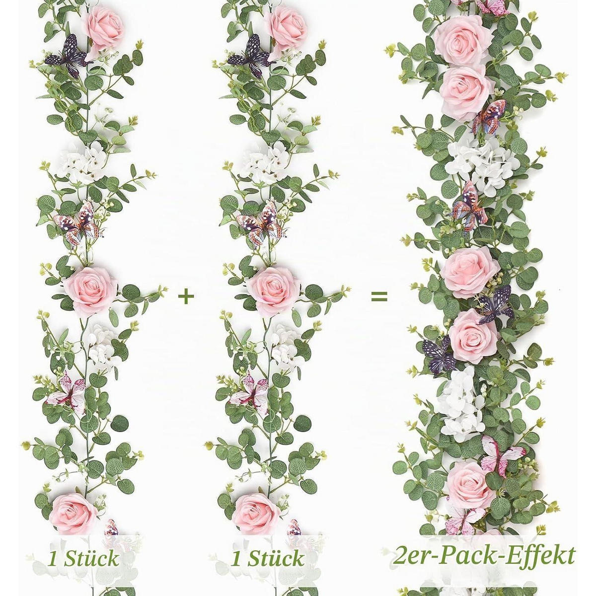 KÜNSTLICHE Blumengirlande 2er Set 1,8 m Rosa Eukalyptus mit Schmetterlingen - Multicolor, Textil (5cm)