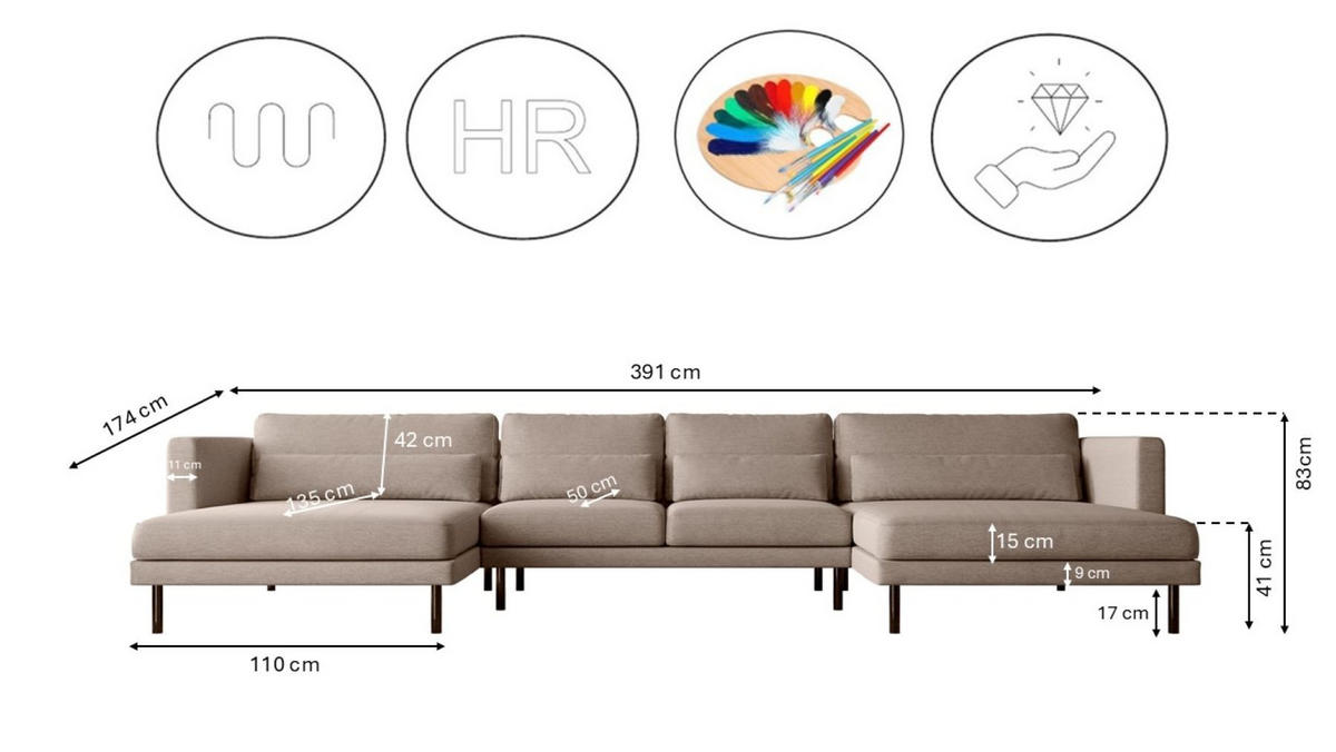 ECKSOFA DANI In U-Form Stilvolles Stoff Verita Warmbeige - Cappuccino, Holz/Textil (174/391cm) - Kaiser Möbel