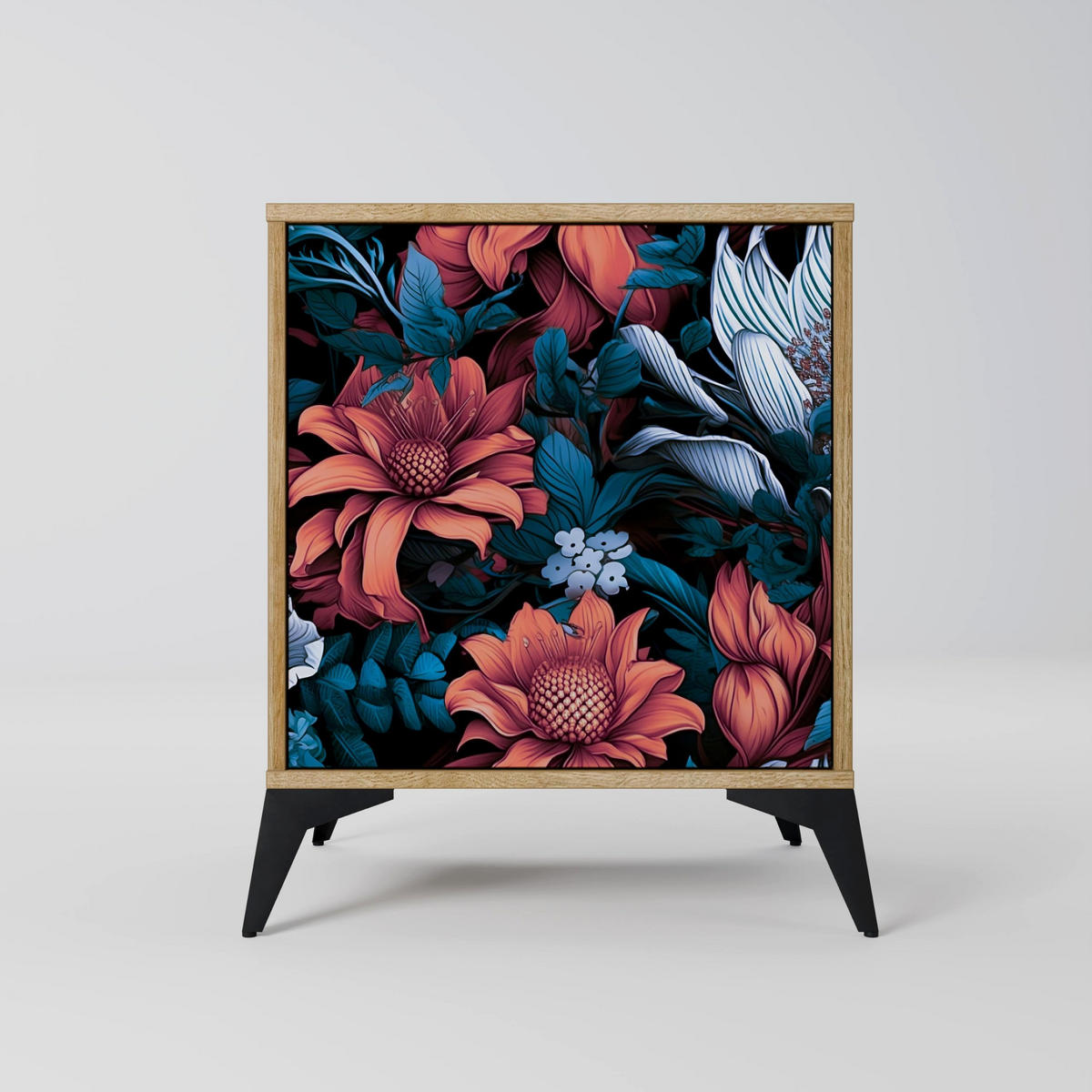 SIDEBOARD ETHEREAL BLOSSOMS, Eichefarben, 57,5x42x67,5 cm, Schwarze Metall-Rahmenfüße - Eichefarben/Multicolor, Holzwerkstoff/Metall (57.5/67.5/42cm) - SpaceRebels
