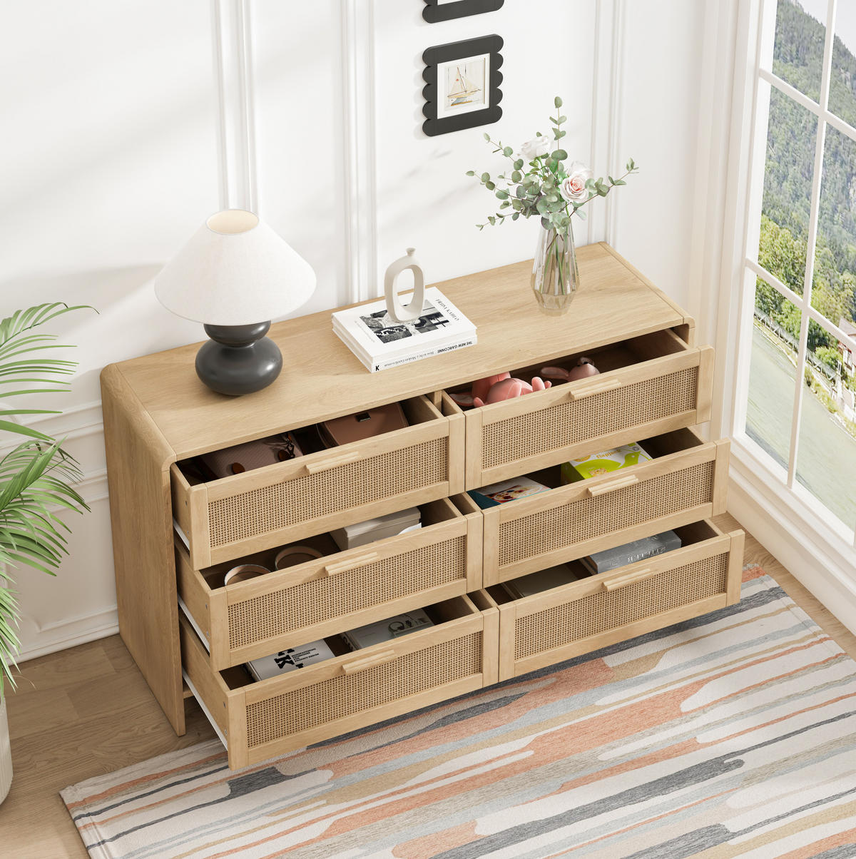 KOMMODE 130 cm in Natur mit 6 Schubladen und Rattanfronten - Naturfarben, Holzwerkstoff (130/74/40cm) - Flora Grace