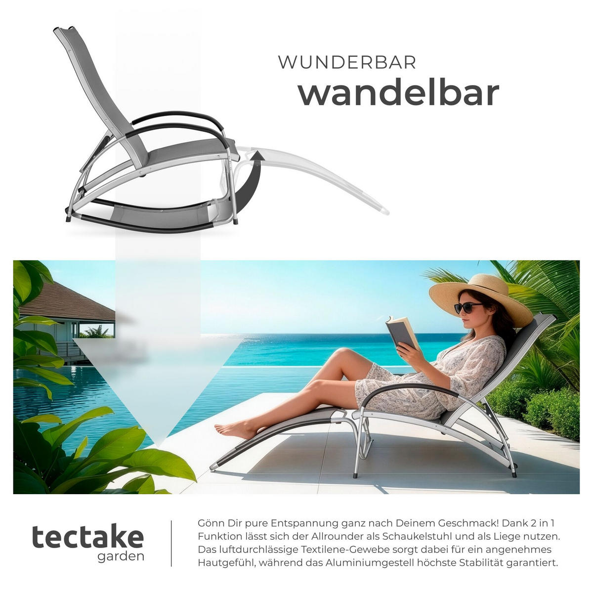 SONNENLIEGE Avignon, 4-fach verstellbare Rückenlehne, anthrazit - Anthrazit, Metall (62/91/195cm) - tectake