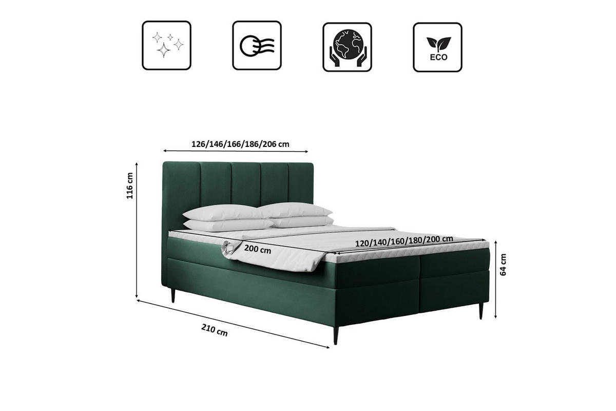 BOXBETT Mit Bettkasten Matratze ADEL Stoff Monolith Grün 120x200 cm H2-Pocket - Grün, Holz/Textil (120/200cm) - Kaiser Möbel