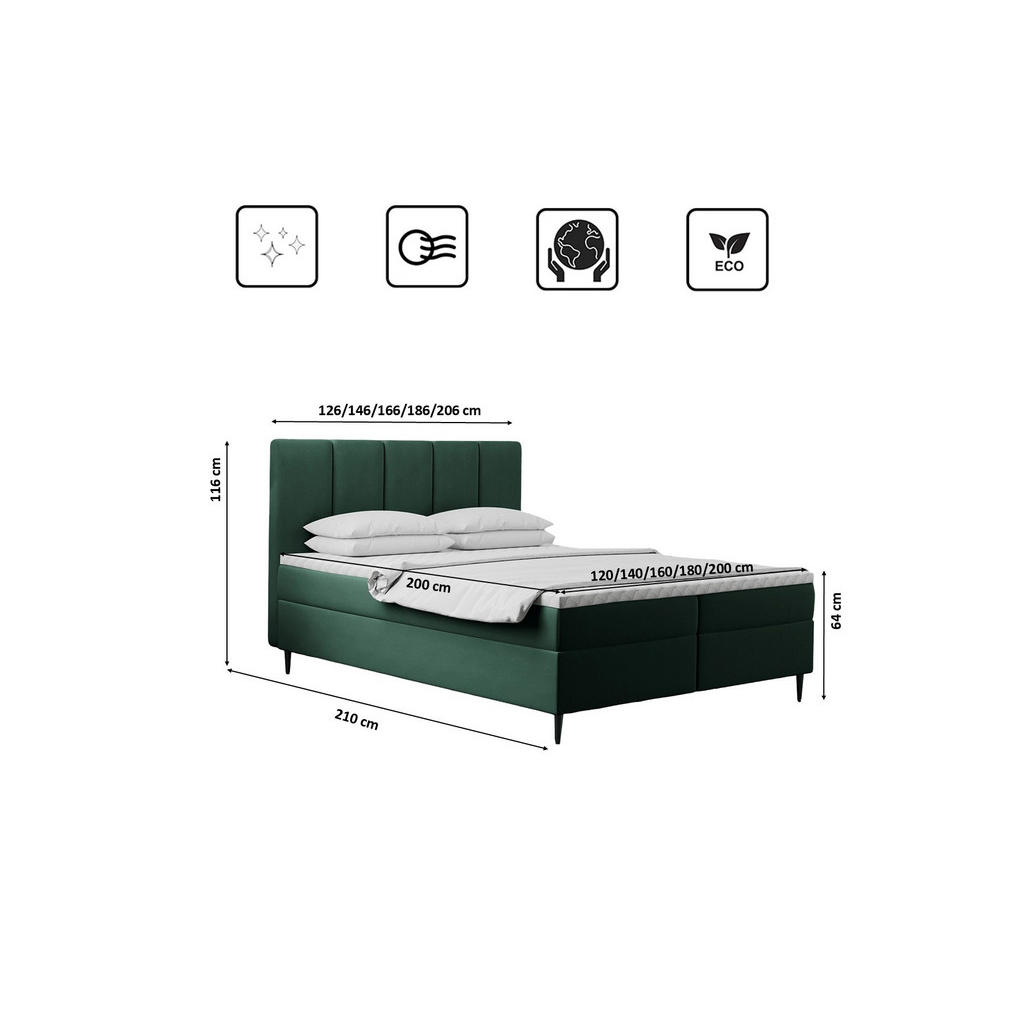 Thumbnail - Kaiser Möbel Boxbett, Grün, Textil, H3, Höhe ca. 20 cm, einzeln stellbar, eckig, 120x200 cm, Schlafzimmer, Betten, Boxsp...