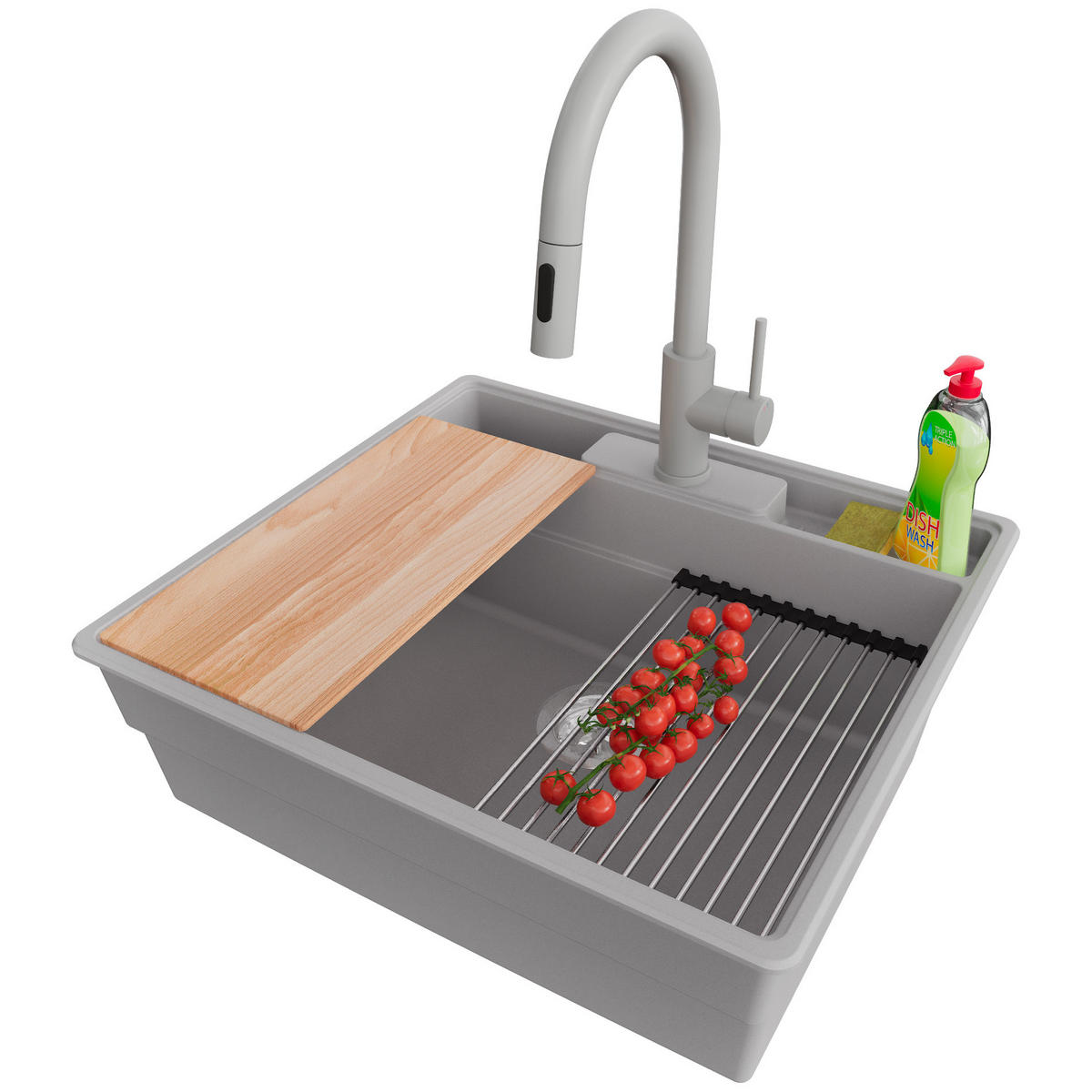 GRANITSPÜLE New York, 2-er set Grau 58/53 cm 1 Becken + Küchenarmatur 40/20 cm + Ablauf-Set + Küchenzubehörset ab 60er Unterschrank - Chromfarben/Beige, Kunststoff (58/20/53cm) - Primagran