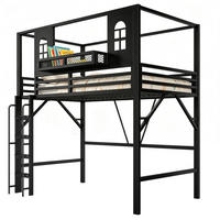 HOCHBETT aus Metall und MDF 90x200 cm Schwarz mit Dachdesign, Leiter und Ablagefach - Schwarz, Metall (90/200cm) - Modfu