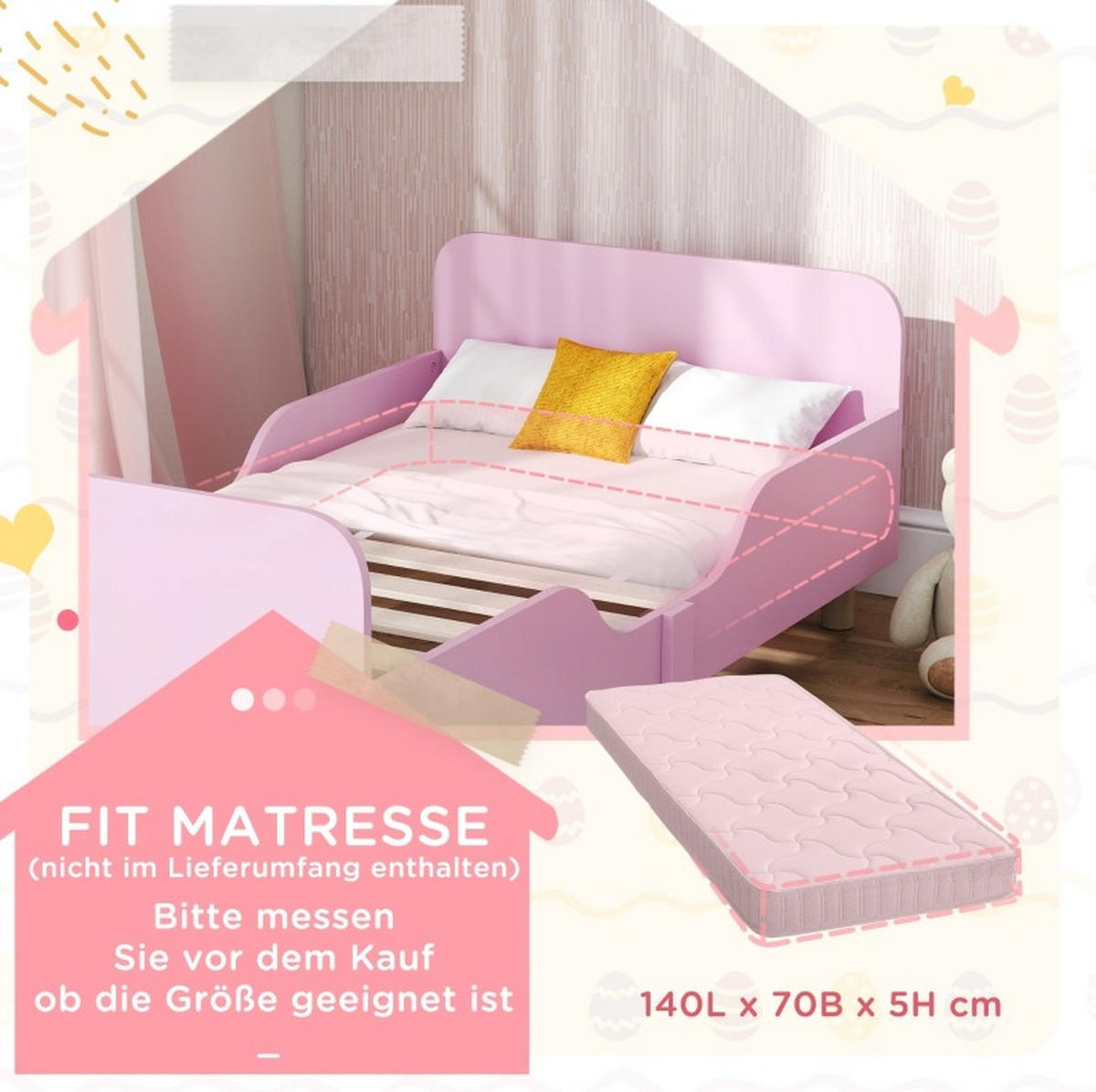 KINDERBETT 143,5/74,2/50 cm aus MDF und Kiefernholz mit Rausfallschutz Rosa - Pink, Holz (70/140cm) - Modenvie