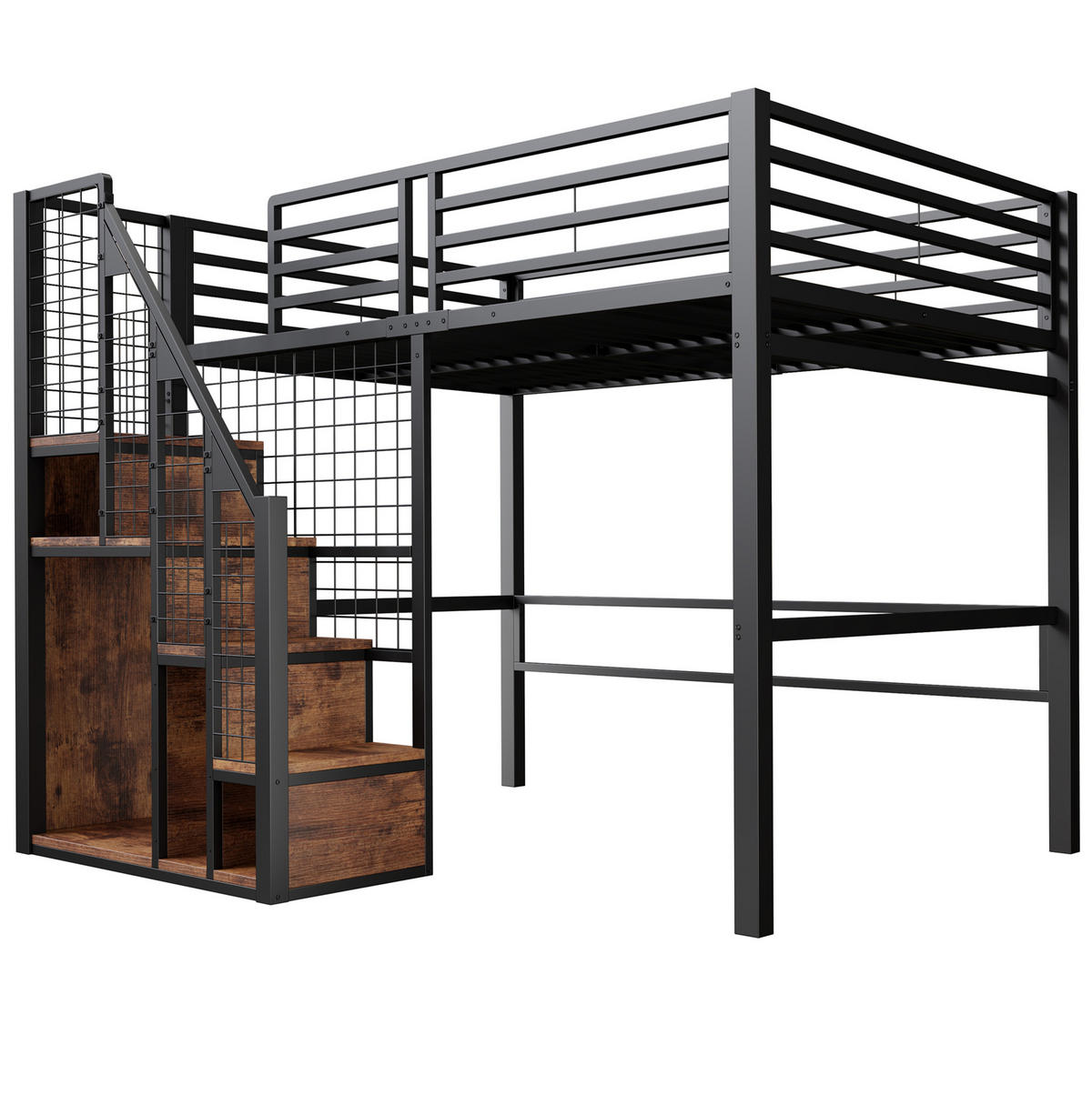 VYSOKÁ posteľ 140/200 cm čierna z kovu a MDF s úložným priestorom a bezpečnostným schodiskom - čierna, kompozitné drevo (140/200cm) - OKWISH