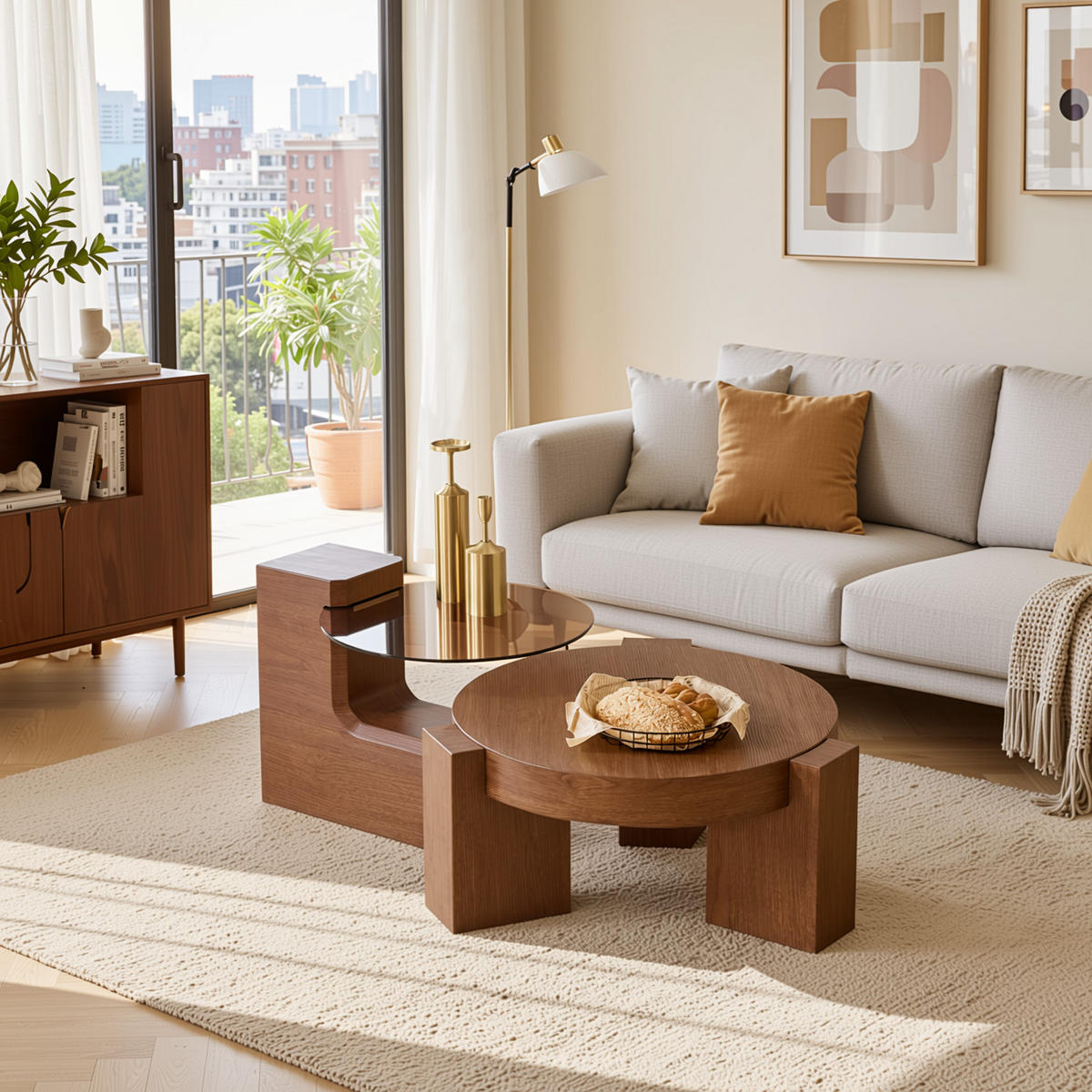 COUCHTISCH 2er-set nussbaum-optik & braunes glas trennbar - Walnussfarben, Holzwerkstoff (61/61/30cm) - Urban Meuble