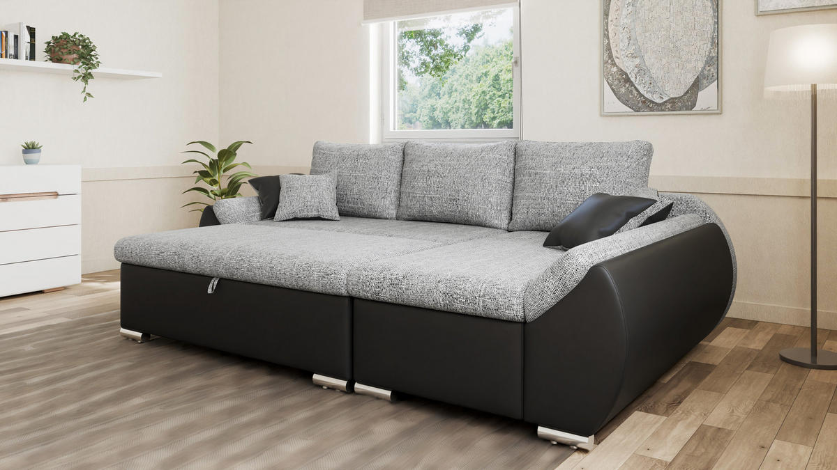 ECKSCHLAFSOFA ALEX – Grau + Schwarz (Lawa 05 + Soft 11) + Hocker - Rechts - Grau, Holzwerkstoff/Metall (275/155cm) - Möblo