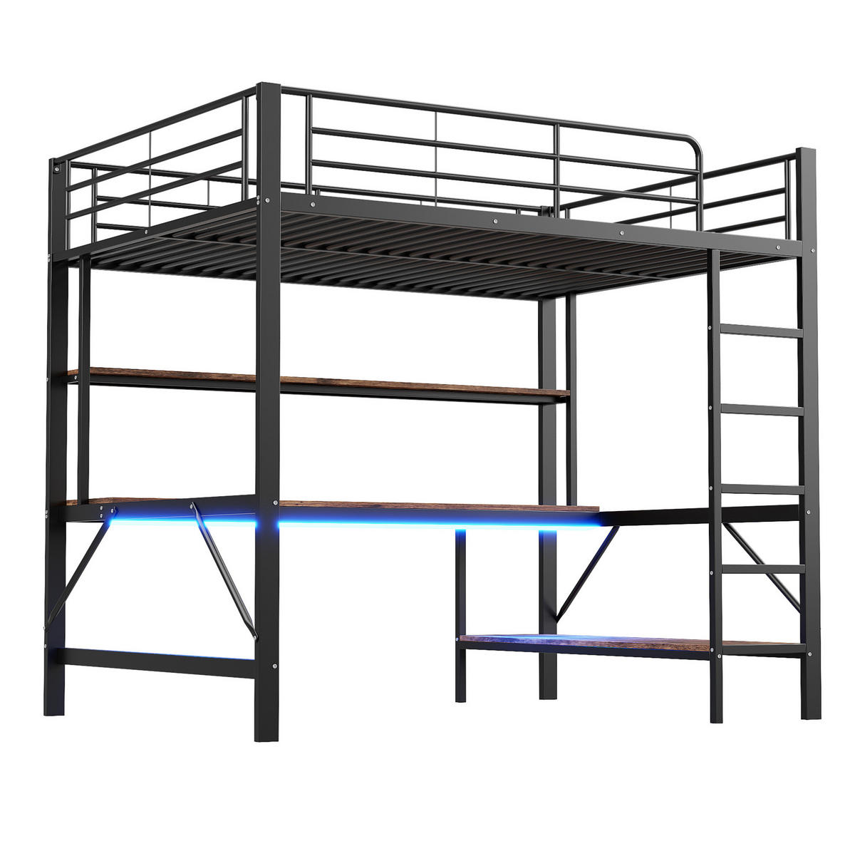 HOCHBETT 140/200 cm in Schwarz mit Schreibtisch, Regal und LED-Beleuchtung - Schwarz, Metall (140/200cm) - Flora Grace