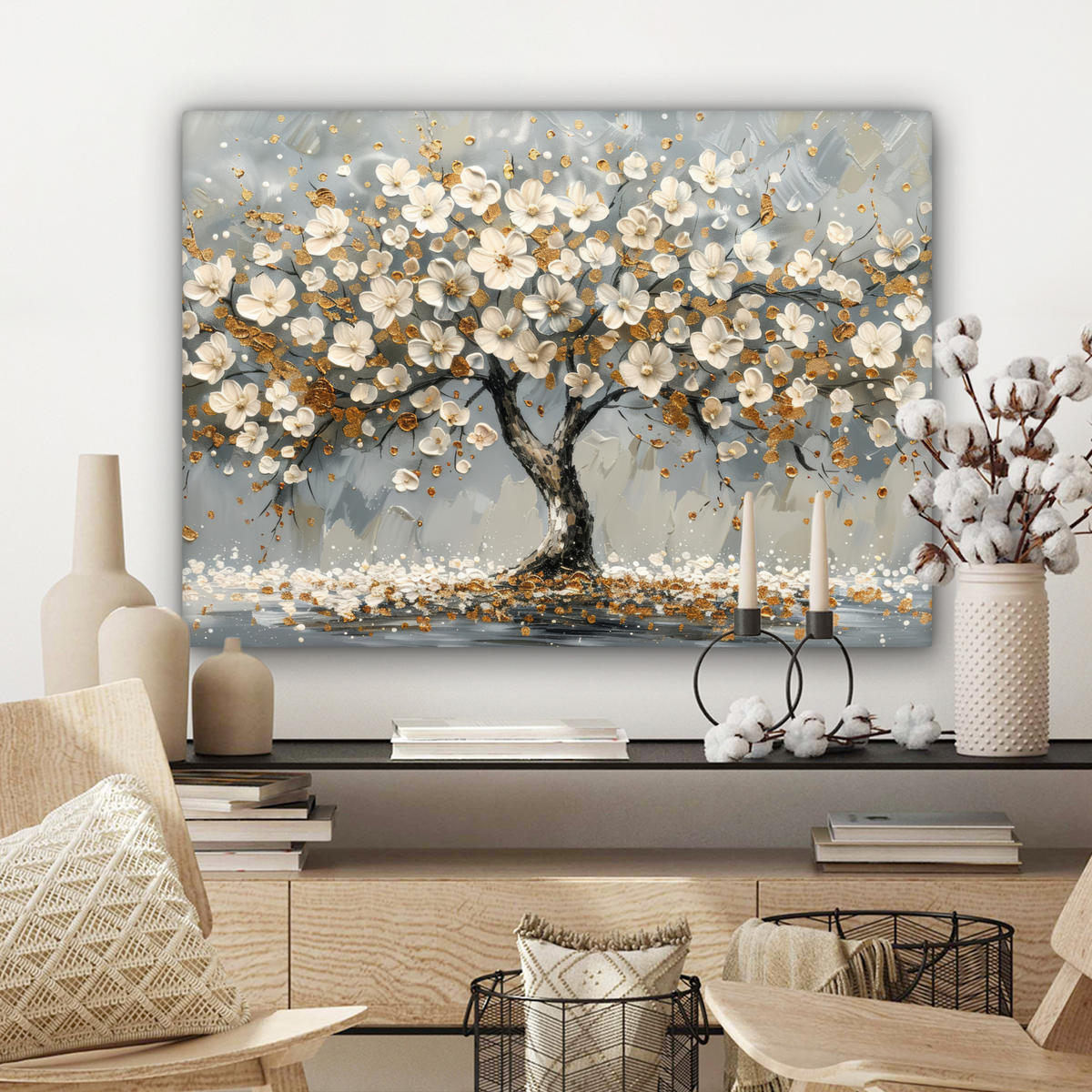 LEINWANDBILD Baum - Blumen - Weiß - Natur - Kunst Wandbilder 80x60 cm - Weiß, Textil (80/60cm) - MuchoWow