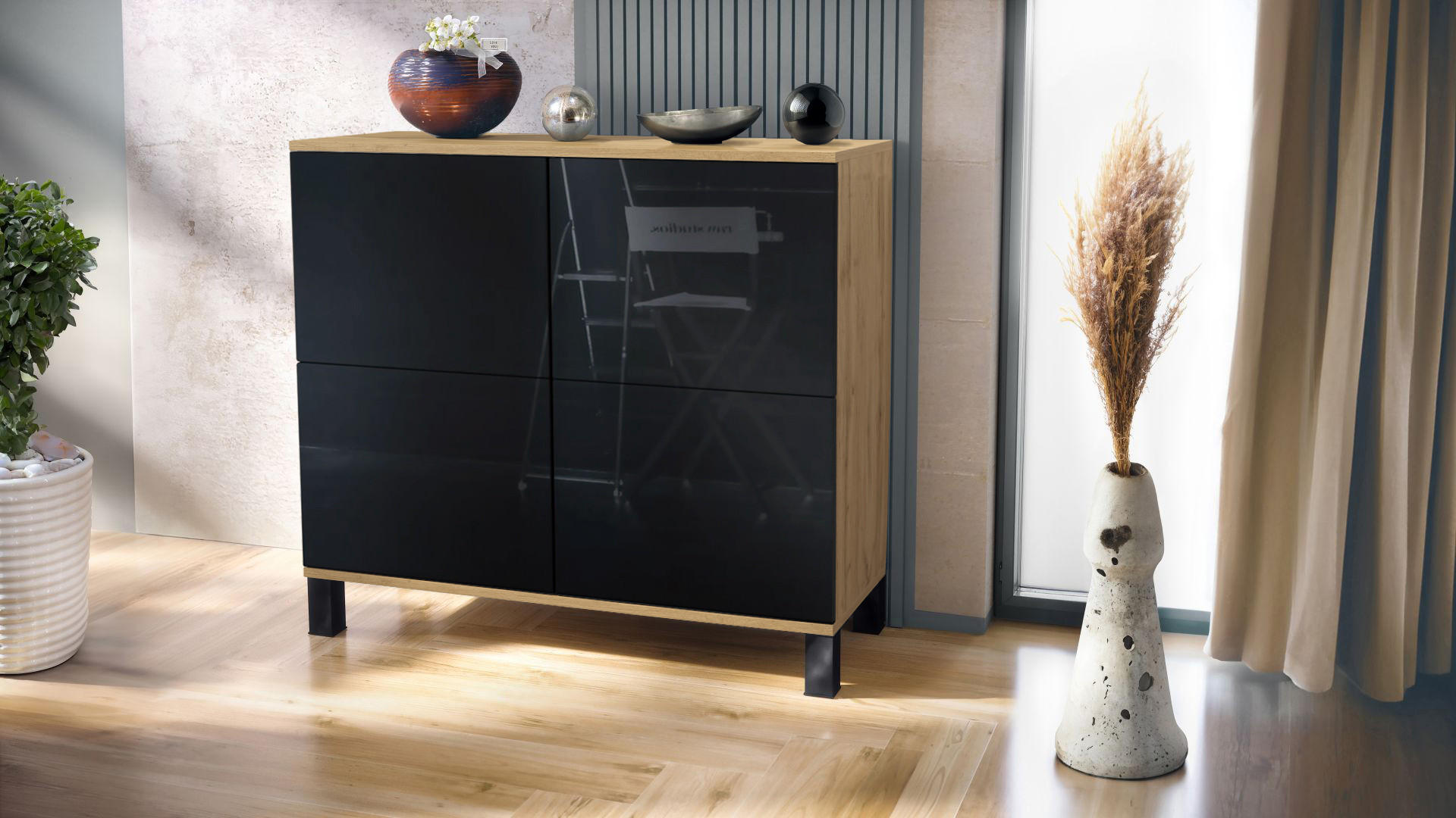 KOMMODE Rova Schwarz Hochglanz - Schwarz Hochglanz, Holzwerkstoff (92.5/84.5/35cm) - Vladon