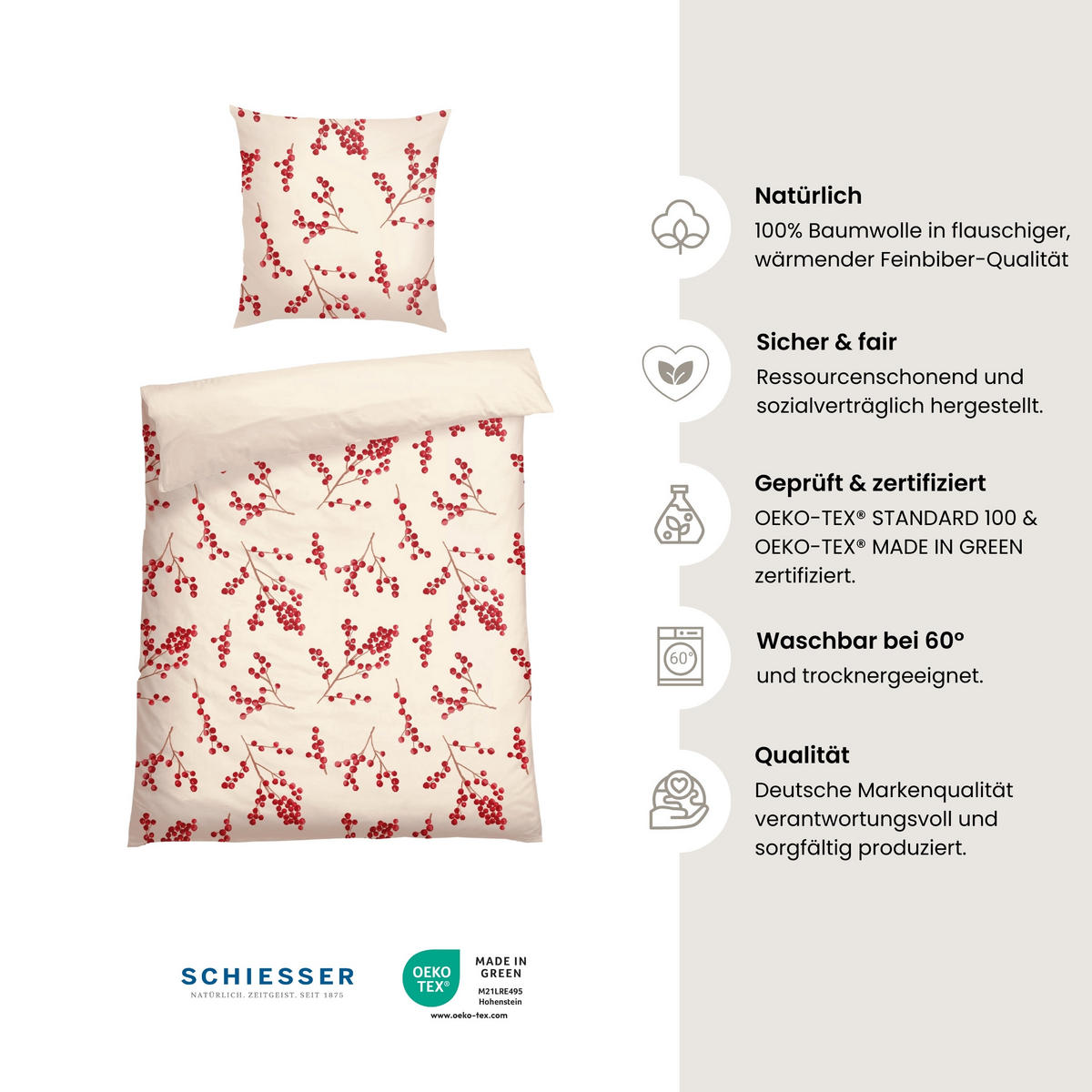 BETTWÄSCHESET Rowan - Feinbiber - 2-teilig - 155x 220 cm - Creme - Creme, Textil (155/220cm) - SCHIESSER