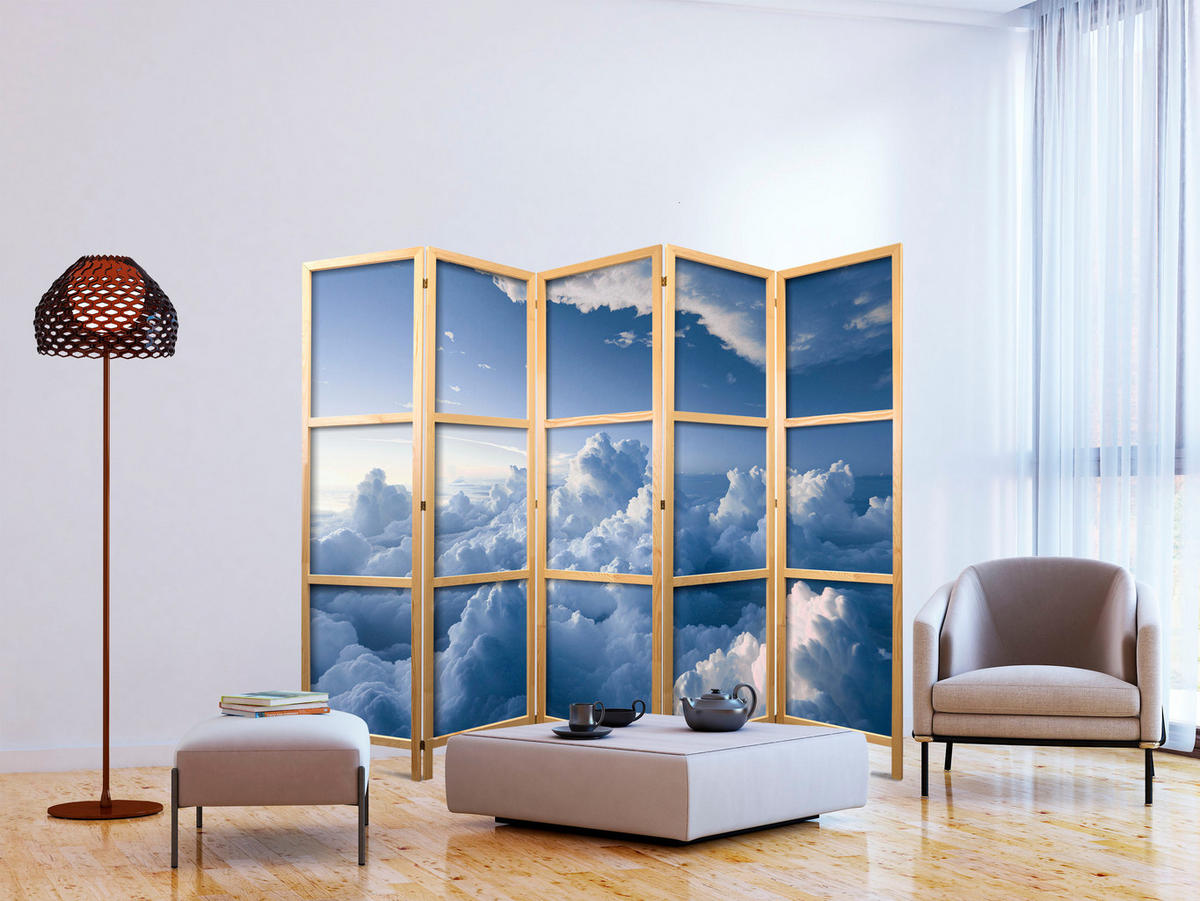 PARAVENT Japanischer 5-tlg 225x172 cm Wolken 3D - Blau, Holz/Textil (225/172/3cm) - Muralo