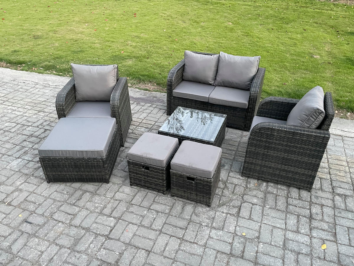 LOUNGESOFA-SET Polyrattan Dunkelgrau 7-Sitzer - Dunkelgrau, Metall - Fimous