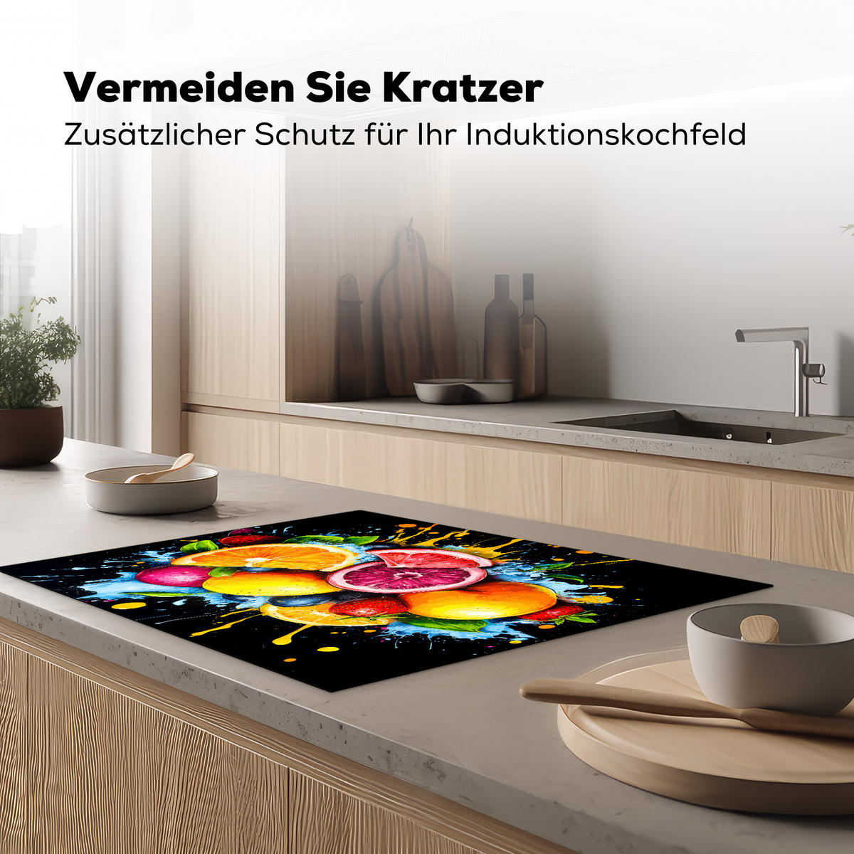 HERDABDECKPLATTE Obst - Graffiti - Bunt - Orange - Erdbeere - Abstrakt 77x59 cm - Orange, Kunststoff (77/0.2/59cm) - MuchoWow