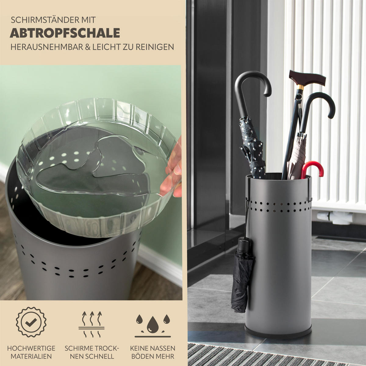 SCHIRMSTÄNDER, mit Abtropfschale, Metall, grau - Grau, Metall (22/50.5/22cm) - bremermann