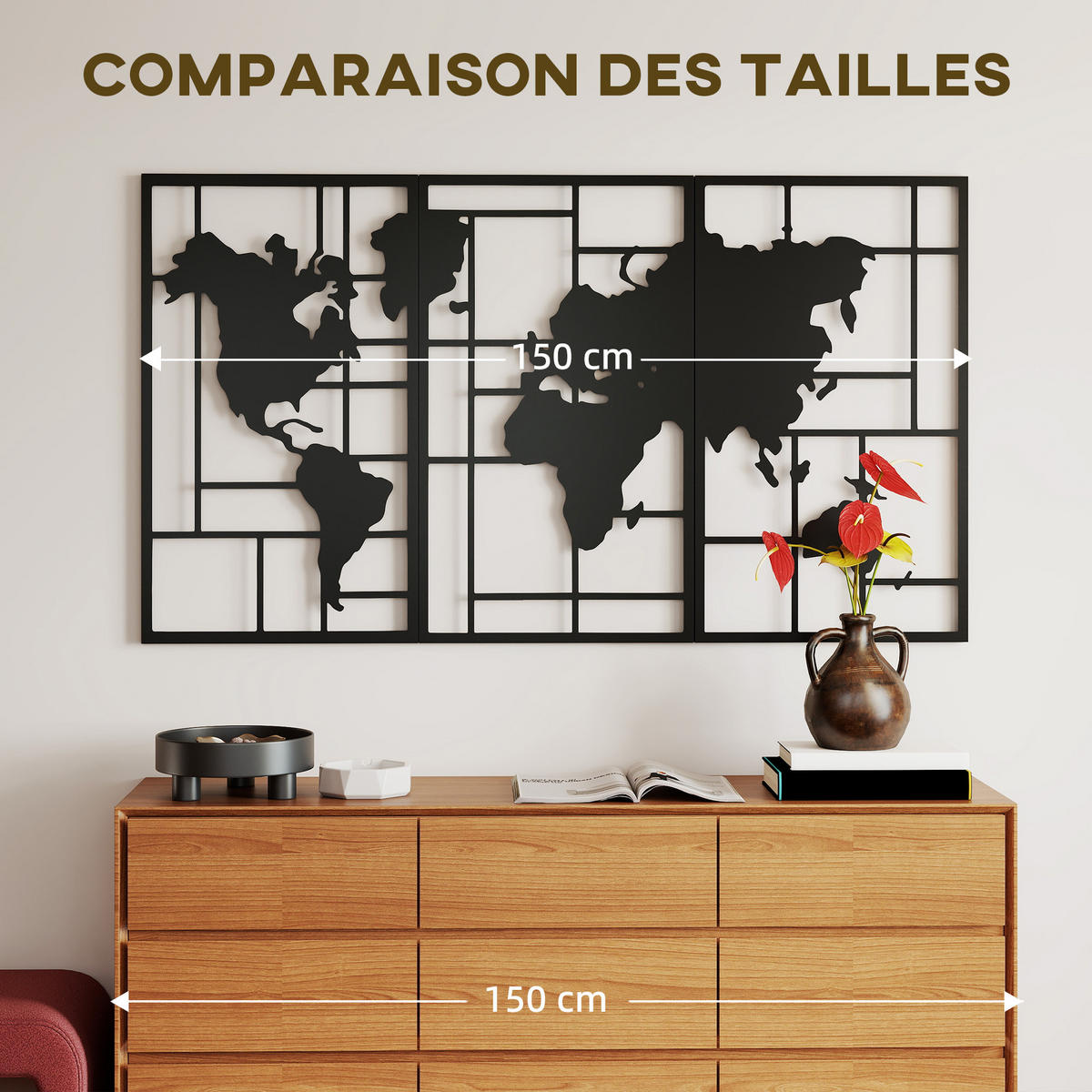 WANDDEKO 3er-Set DE-14350 geometrisch aus Metall Schwarz - Schwarz, Metall (1.9/80/50cm) - ComfortXL