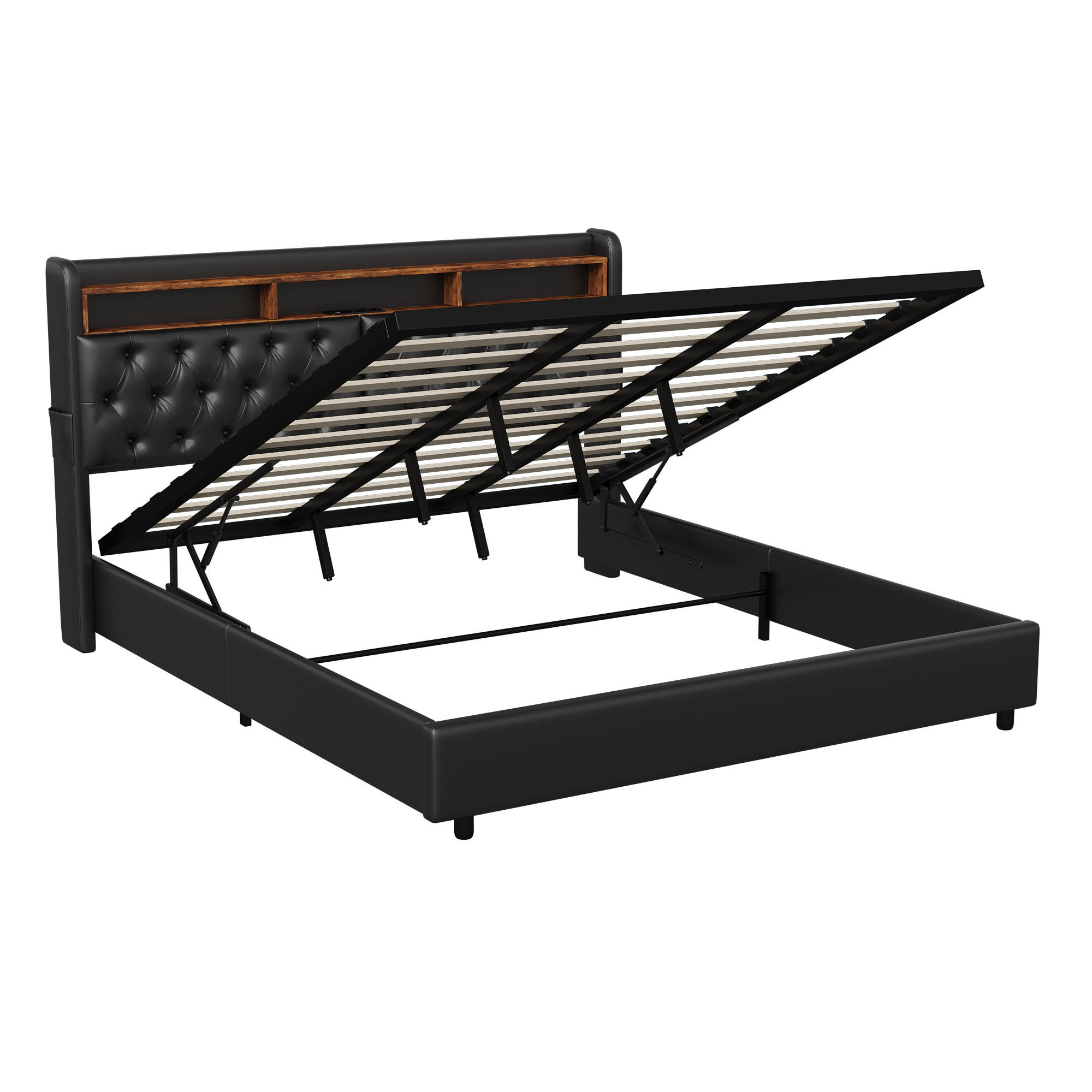 POLSTERBETT 180x200 cm, Großer Bett-Stauraum, LED-Leuchten & USB-Typ-C-Anschlüsse, PU-Leder in Schwarz - Schwarz, Holz (180/200cm) - BRILVERDE