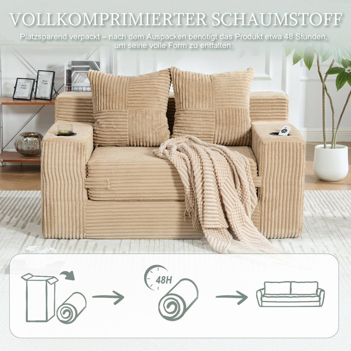 1,5-SITZER ausklappbar, Getränkehalter/Seitentasche, Cord, Hellbraun - Hellbraun, Textil (133/64/87cm) - LVHOM
