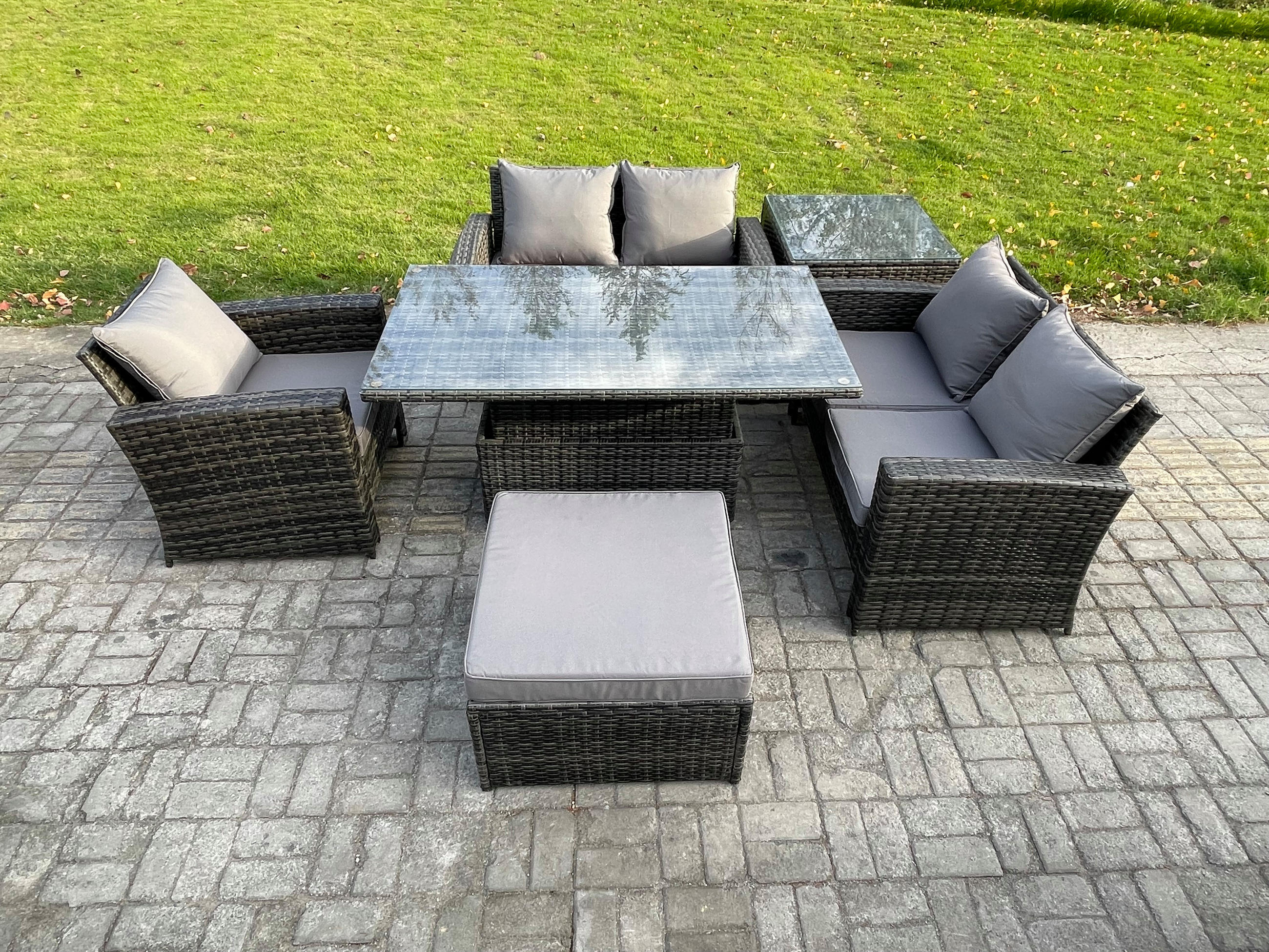 GARTENMÖBEL SET mit höhenverstellbarer Tisch Polyrattan Dunkelgrau 6-Sitzer - Dunkelgrau, Metall - Fimous